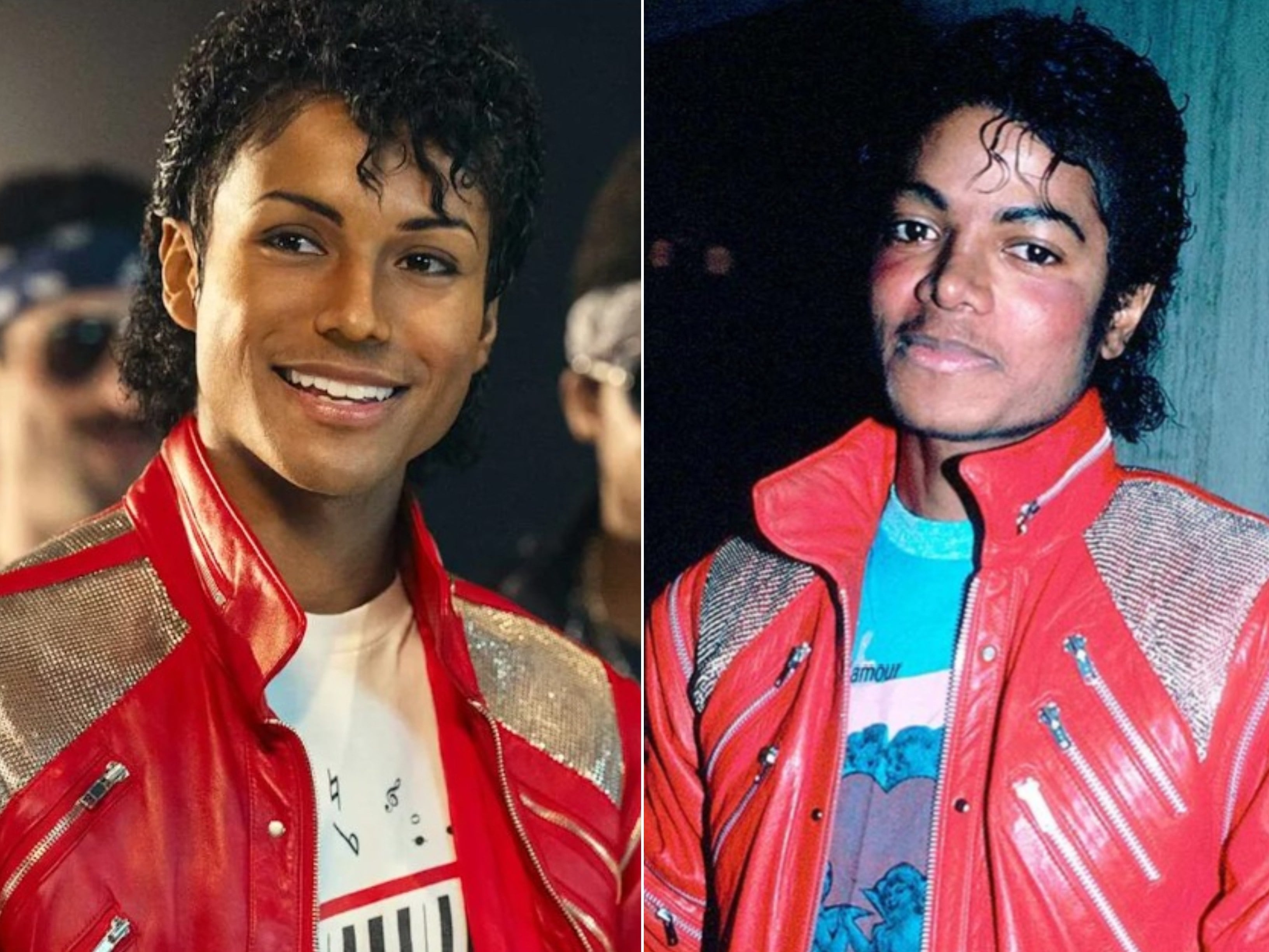 Jaafar Jackson as his uncle Michael Jackson in the biopic Michael, and a photo of the late superstar himself. Photos: Lionsgate, @afrocentricfilmscollaborative/Instagram