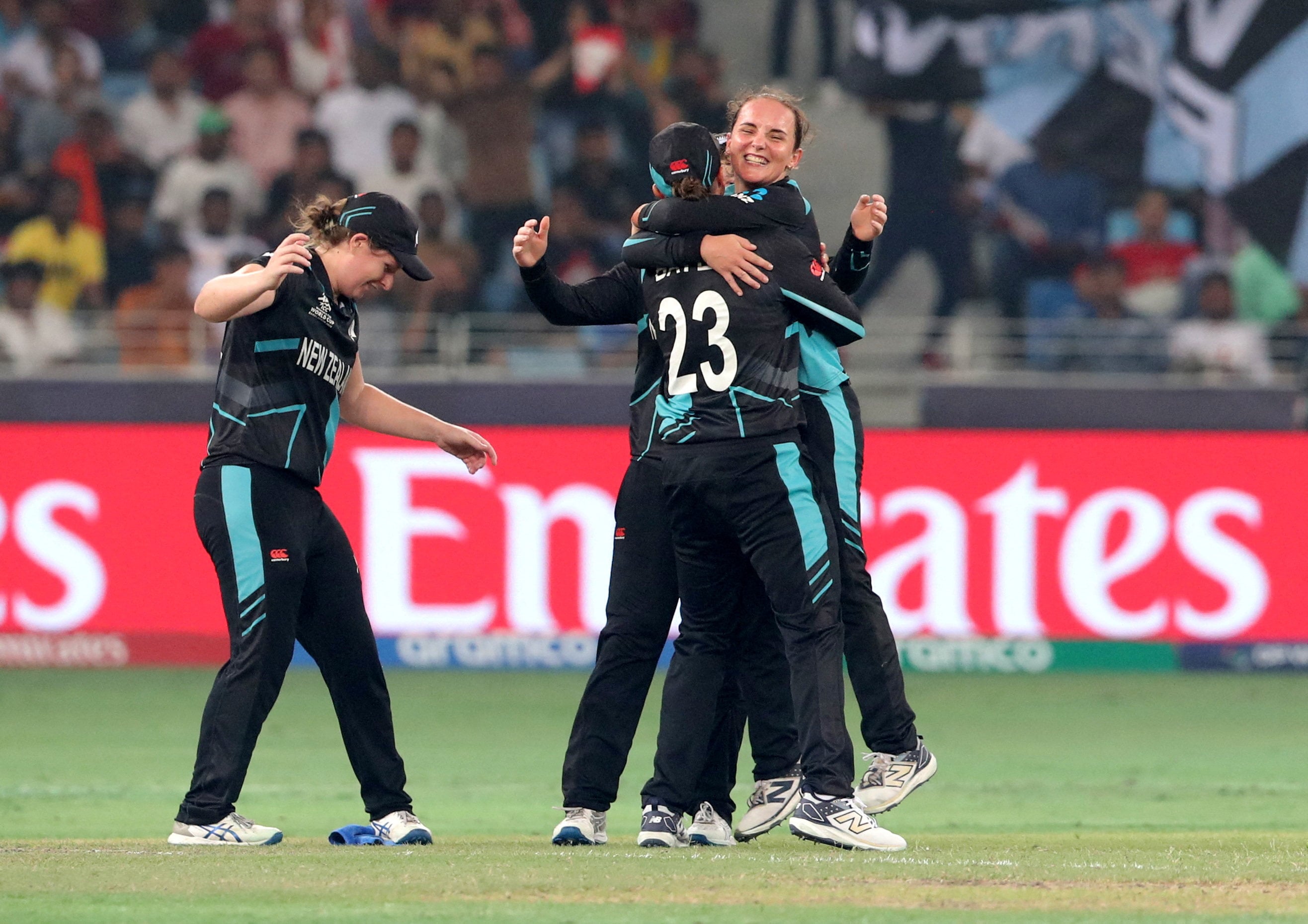 Current New Zealand skipper Amelia Kerr embraces Suzie Bates after taking a wicket during the White Ferns’ 2024 T20 World Cup final win over South Africa. Photo: Reuters
