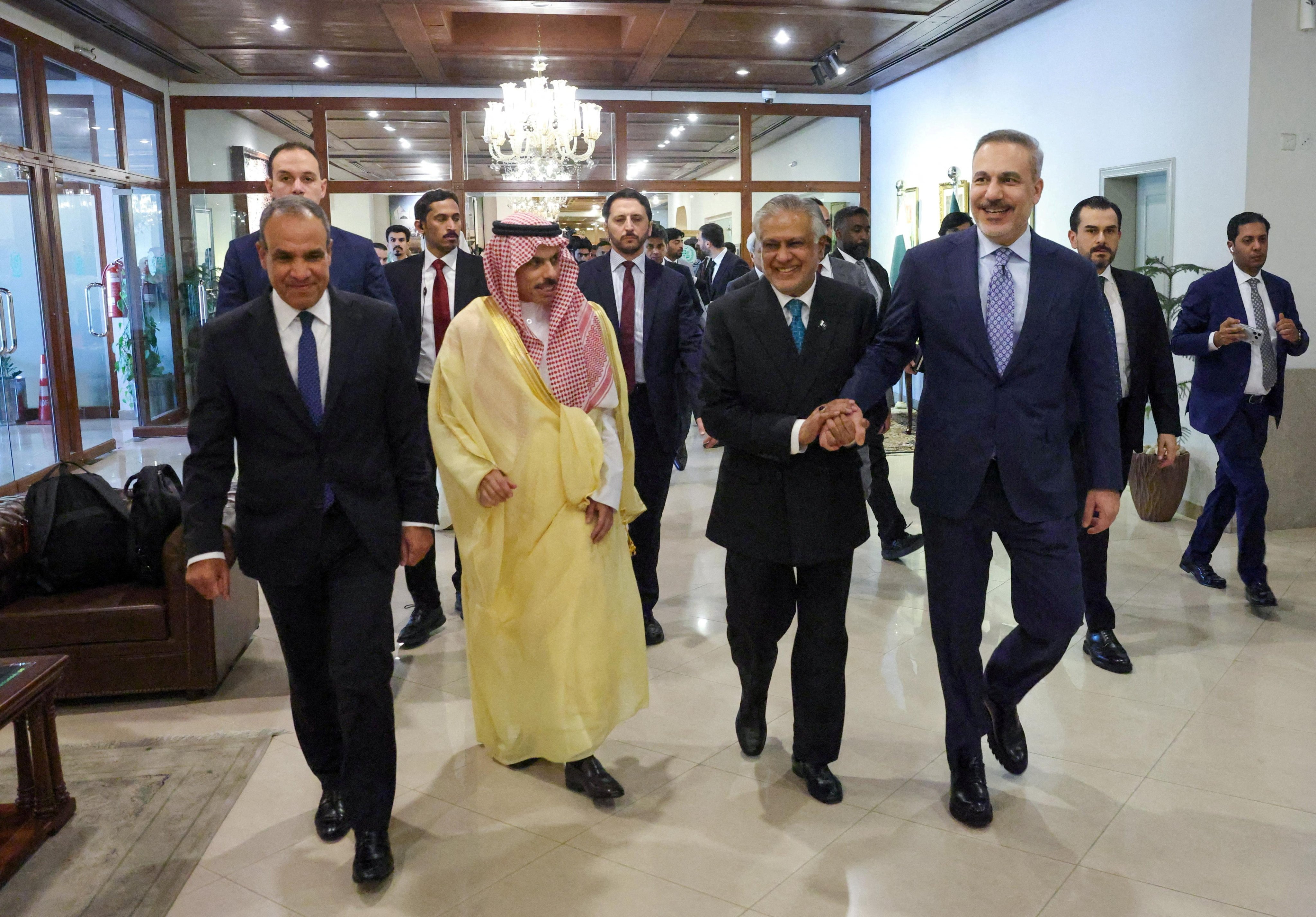 (From left) Foreign Ministers Badr Abdelatty of Egypt, Prince Faisal bin Farhan Al Saud of Saudi Arabia, Ishaq Dar of Pakistan and Hakan Fidan of Turkey meet to discuss regional de-escalation in Islamabad, Pakistan, on March 29. Photo: Turkish Foreign Ministry/Reuters