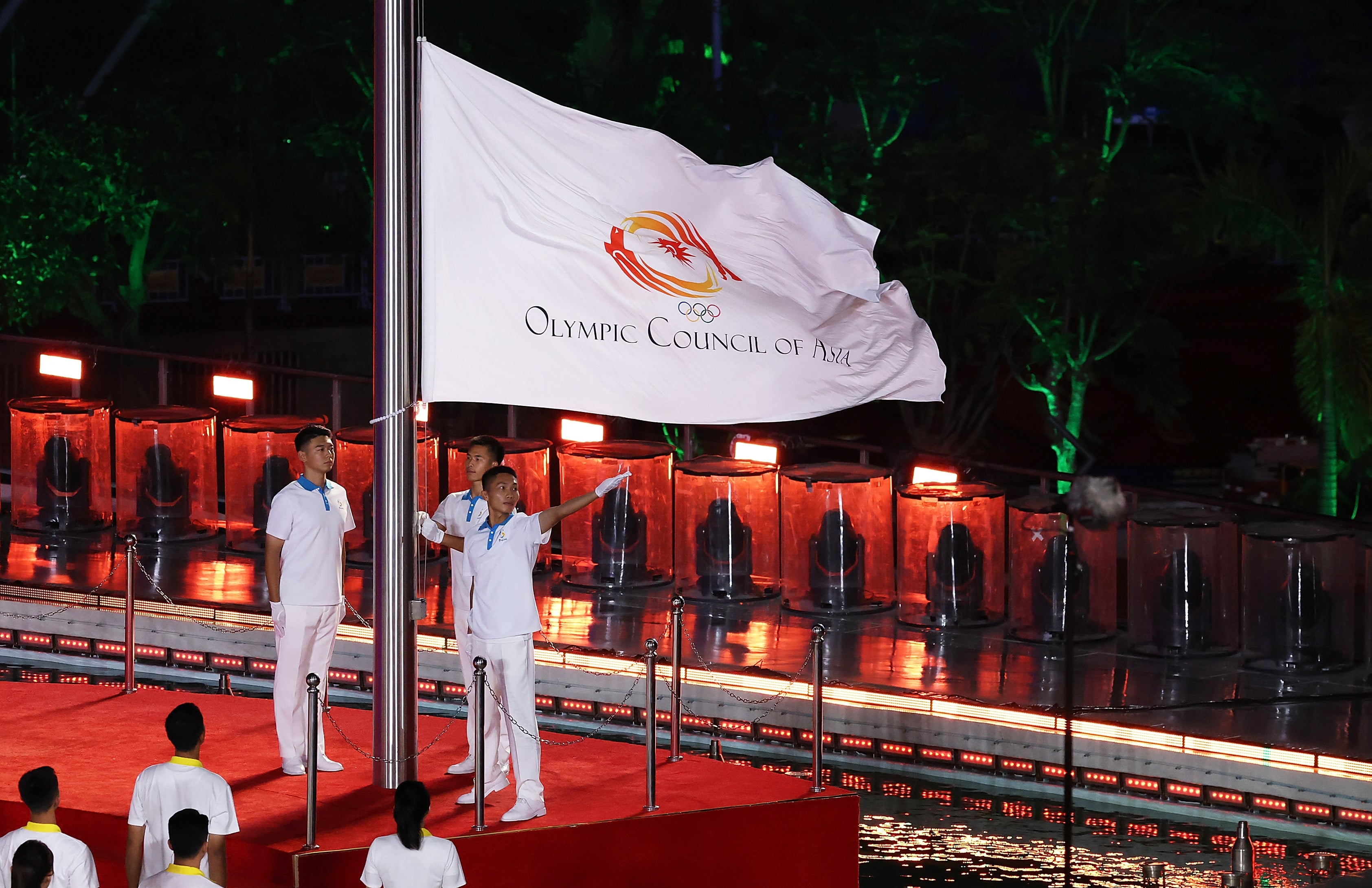 The Olympic Council of Asia flag being raised during the opening ceremony of the 6th Asian Beach Games in Sanya, south China’s Hainan Province, on Wednesday. Photo: Xinhua