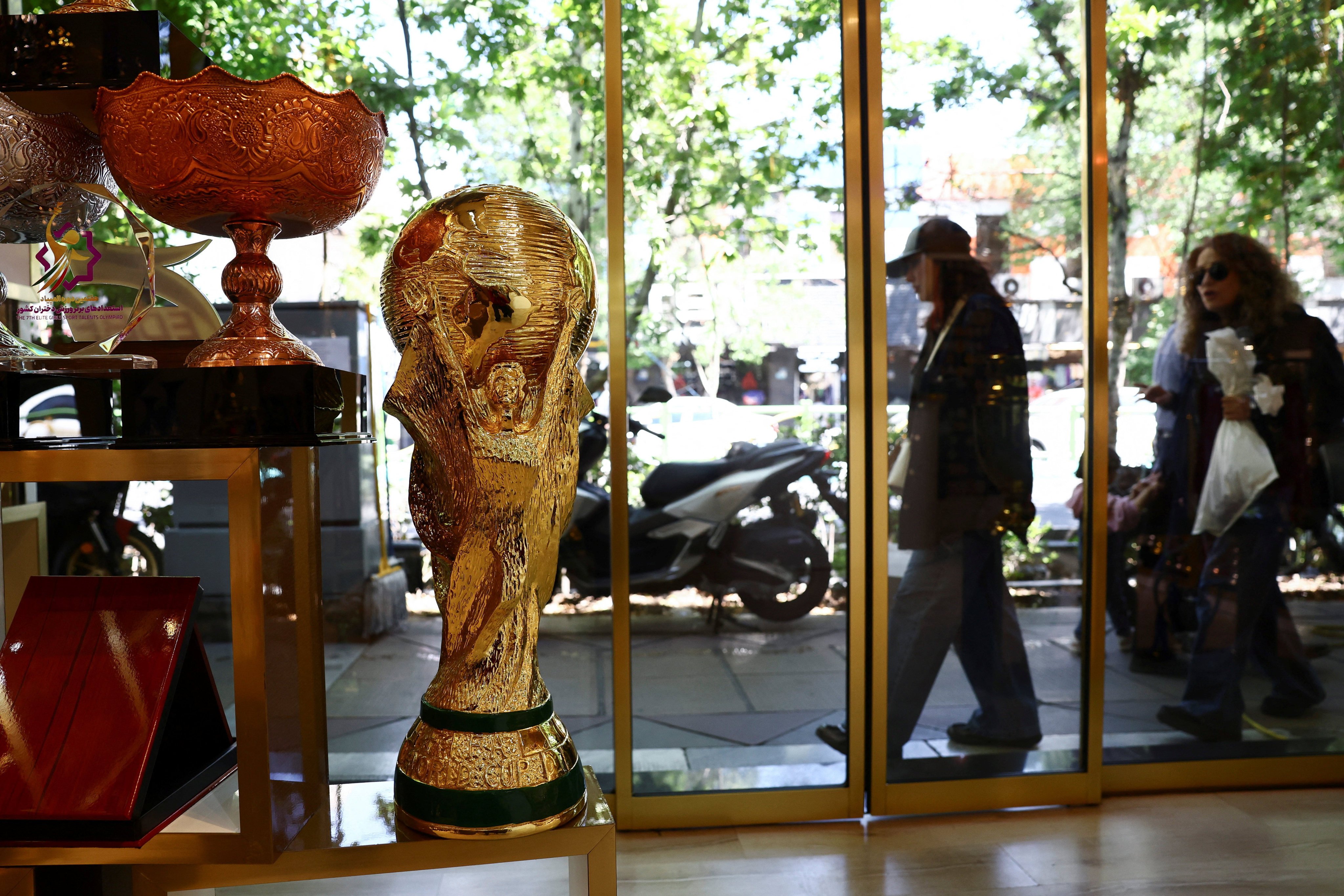 A replica of the Fifa World Cup trophy displayed in a shop in Tehran, Iran on Thursday. Photo: Reuters
