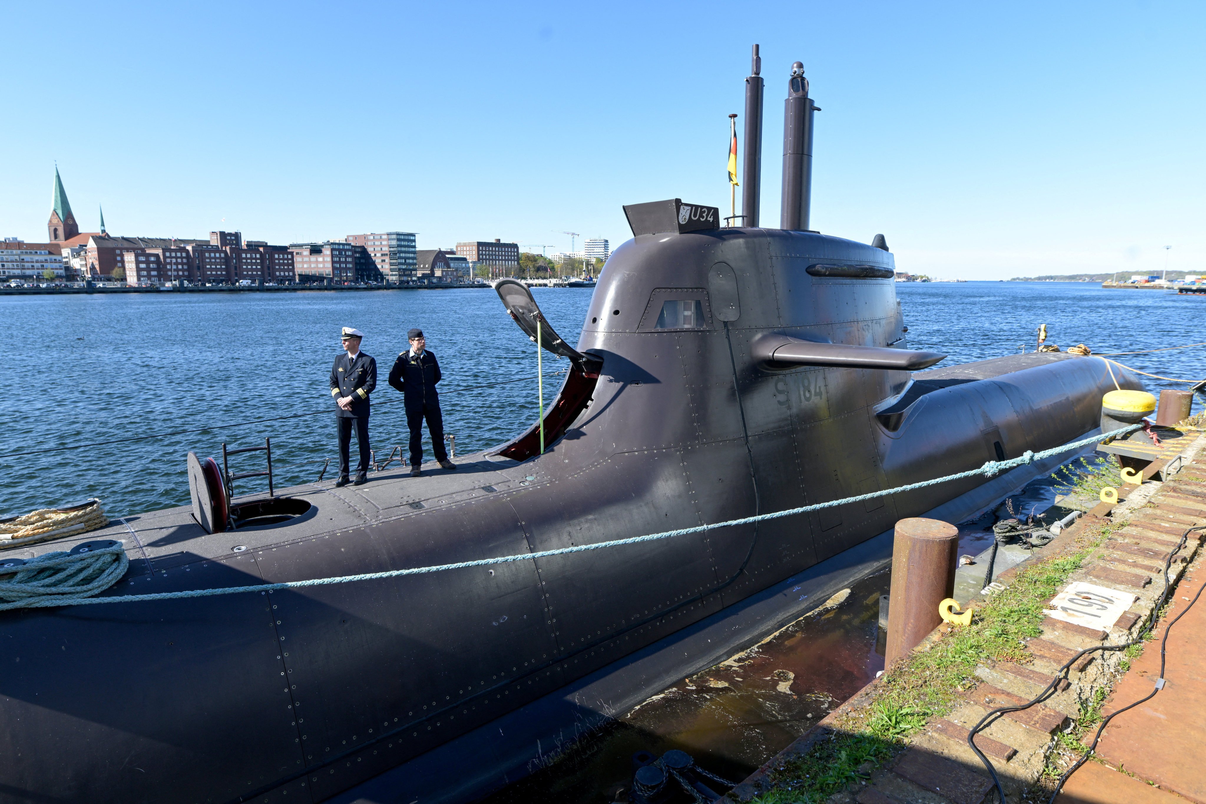 Submarine U-34 is docked in a shipyard of warship maker TKMS in Kiel, Germany, on Wednesday. Photo: Reuters