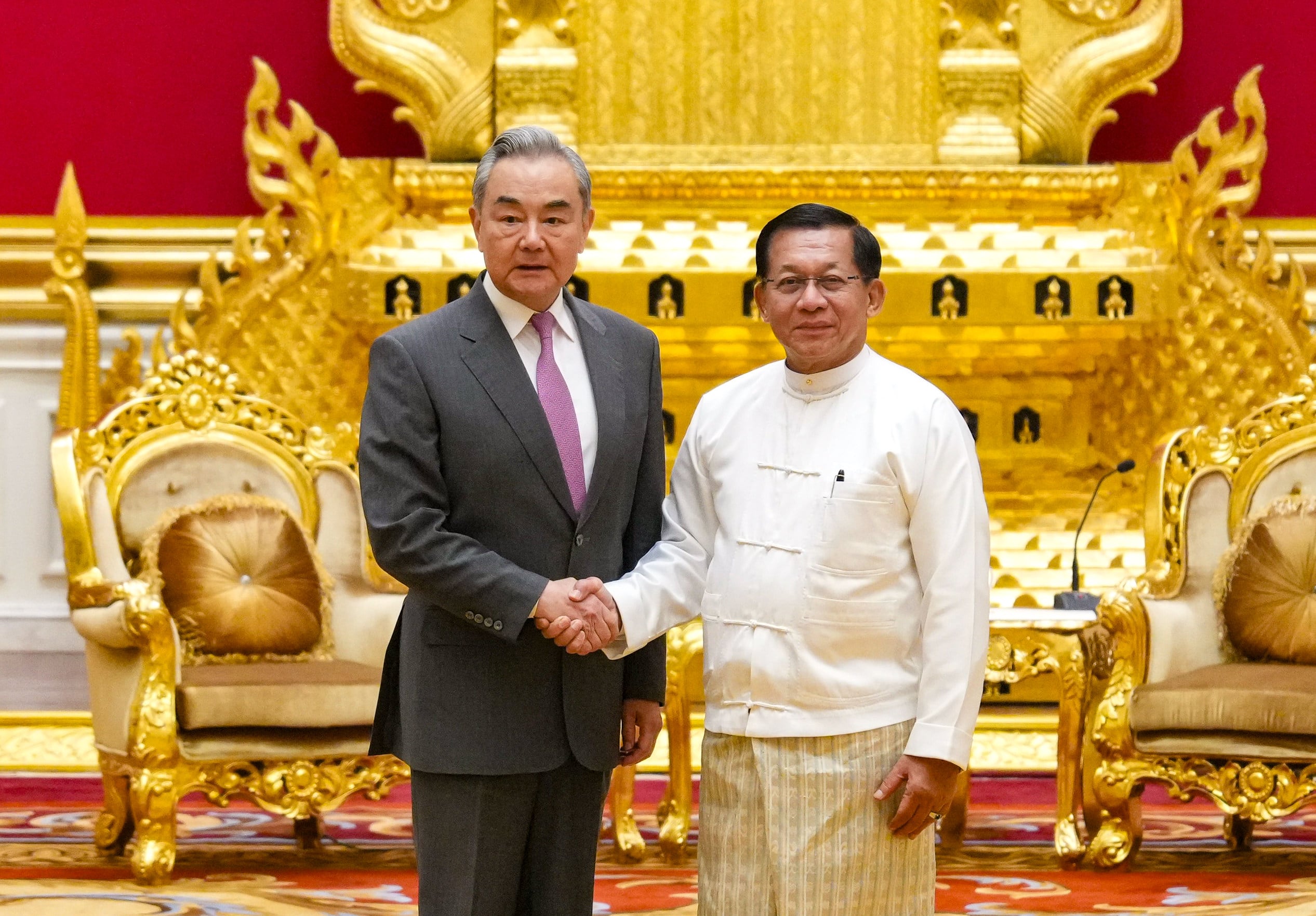 Chinese Foreign Minister Wang Yi meets Min Aung Hlaing, Myanmar’s junta leader-turned-president, in Naypyidaw on Saturday. Photo: Xinhua