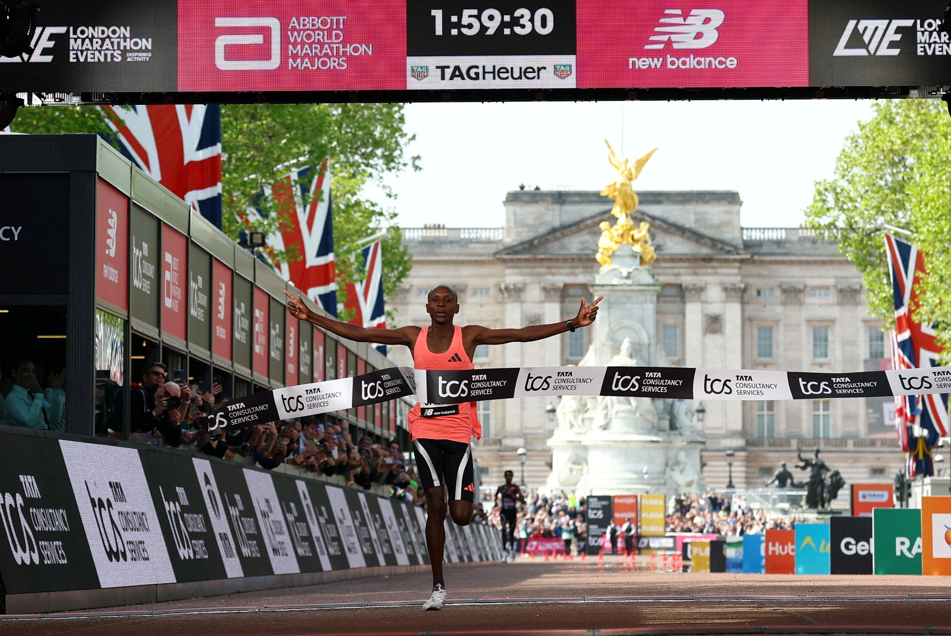 Sabastian Sawe crosses the finishing line following his record-breaking London Marathon run. Photo: Reuters