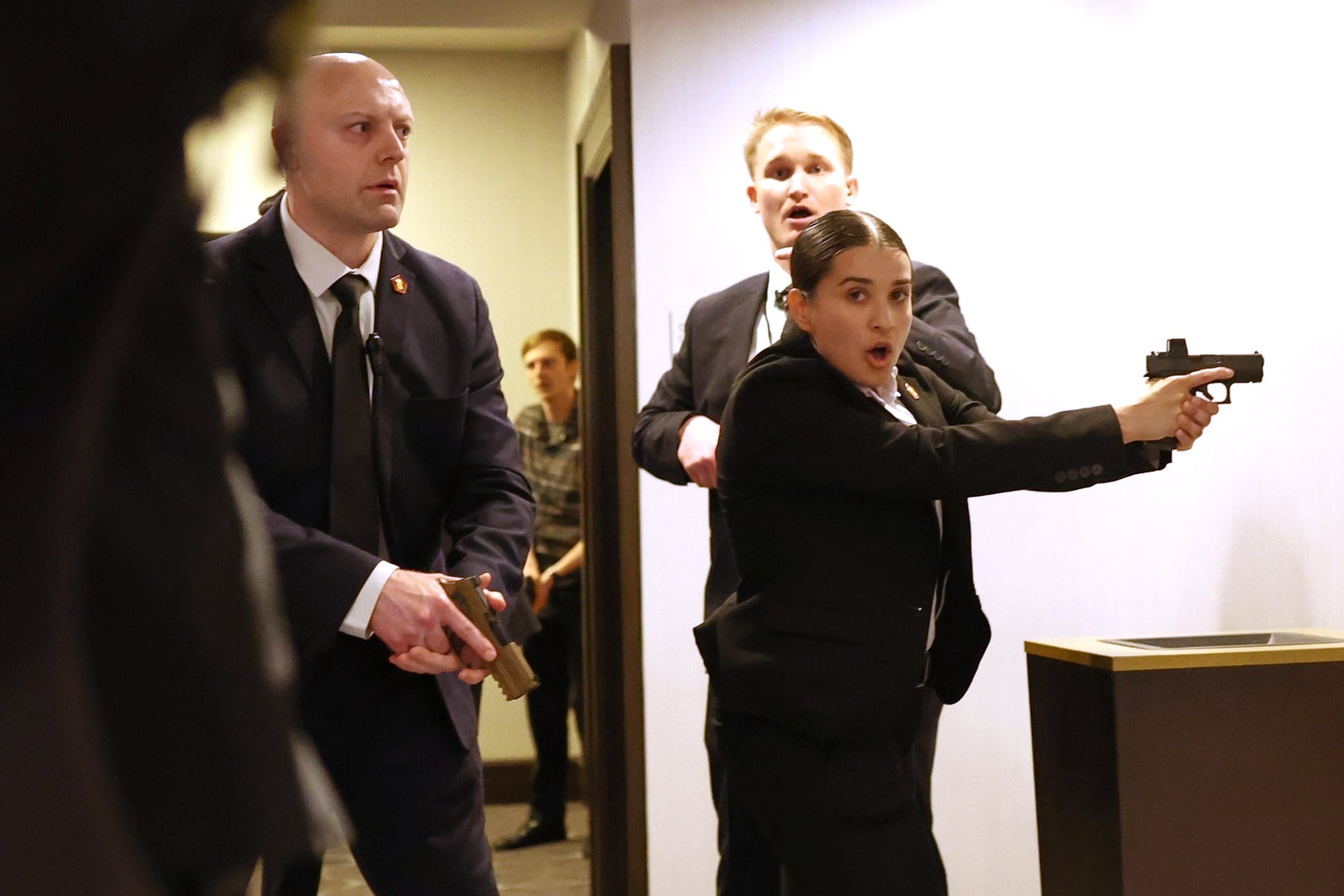 Secret Service agents respond during the White House correspondents’ dinner on Saturday. Photo: AP