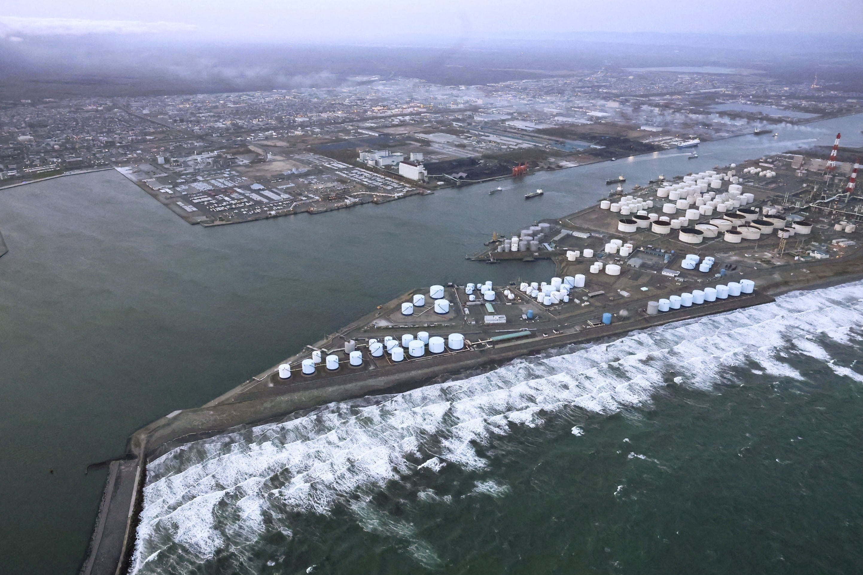 Waves hit Tomakomai in Hokkaido prefecture following an earthquake on April 20. Photo: Kyodo/Reuters