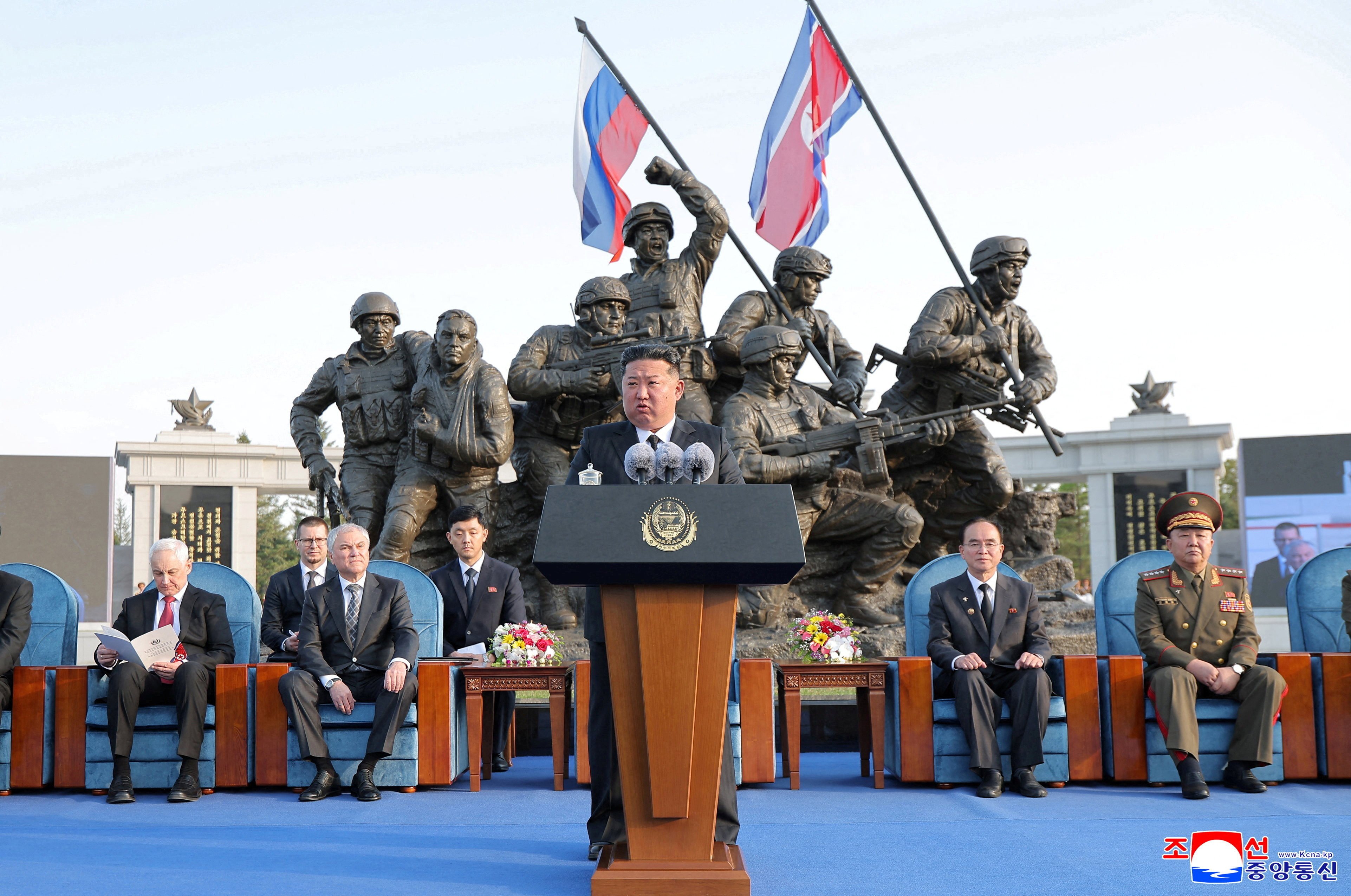 North Korean leader Kim Jong Un speaks during the opening ceremony of the Memorial Museum of Combat Feats at the Overseas Military Operations honouring North Korean troops killed while fighting for Russia in the war against Ukraine, in Pyongyang, North Korea, April 26, 2026, in this picture released by North Korea's official Korean Central News Agency. KCNA via REUTERS    ATTENTION EDITORS - THIS IMAGE WAS PROVIDED BY A THIRD PARTY. REUTERS IS UNABLE TO INDEPENDENTLY VERIFY THIS IMAGE. NO THIRD PARTY SALES. SOUTH KOREA OUT. NO COMMERCIAL OR EDITORIAL SALES IN SOUTH KOREA.