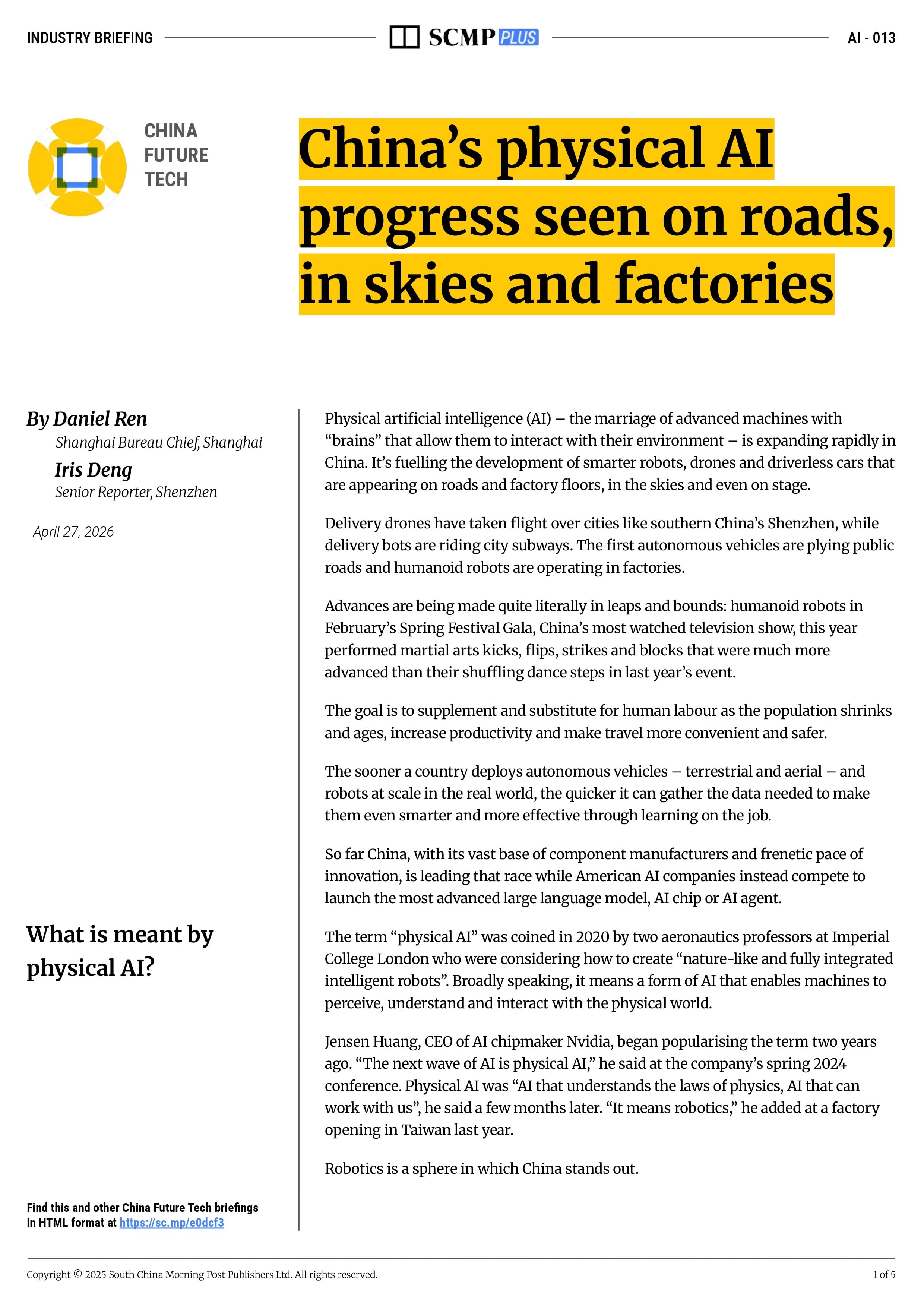 China’s physical AI progress seen on roads, in skies and factories