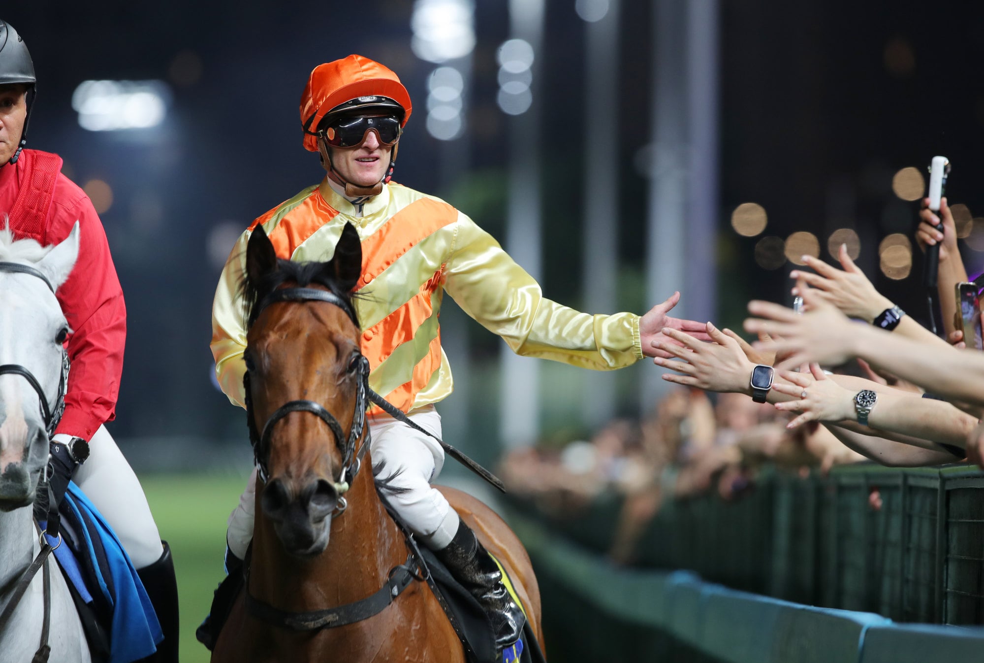 Thunder Prince, ridden by Zac Purton, returns after winning at Happy Valley.
