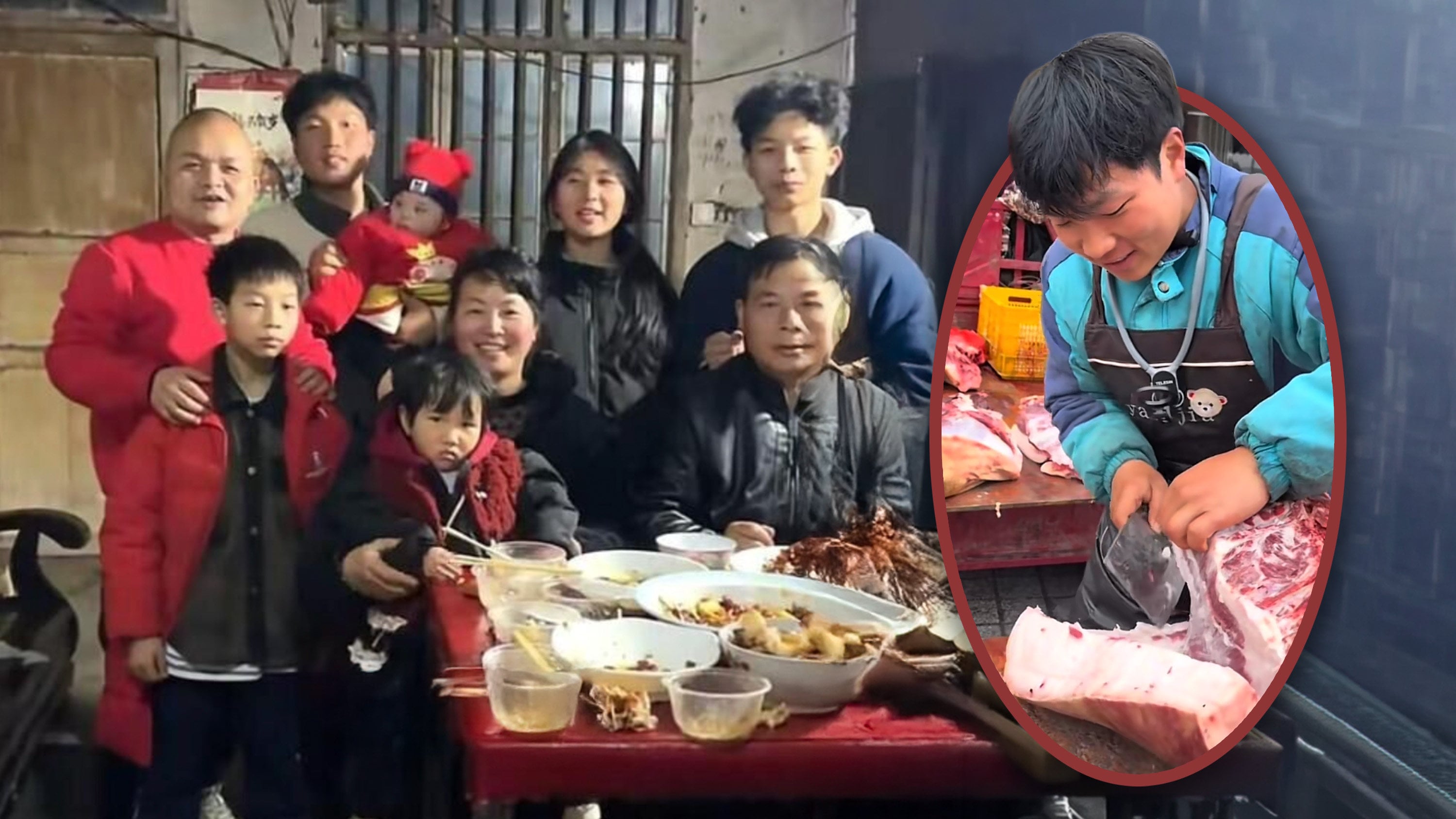 A 21-year-old man from China supports his six younger siblings, including a sister with a disabled hand and a brother with Down syndrome, by selling pork. Photo: SCMP composite/Douyin