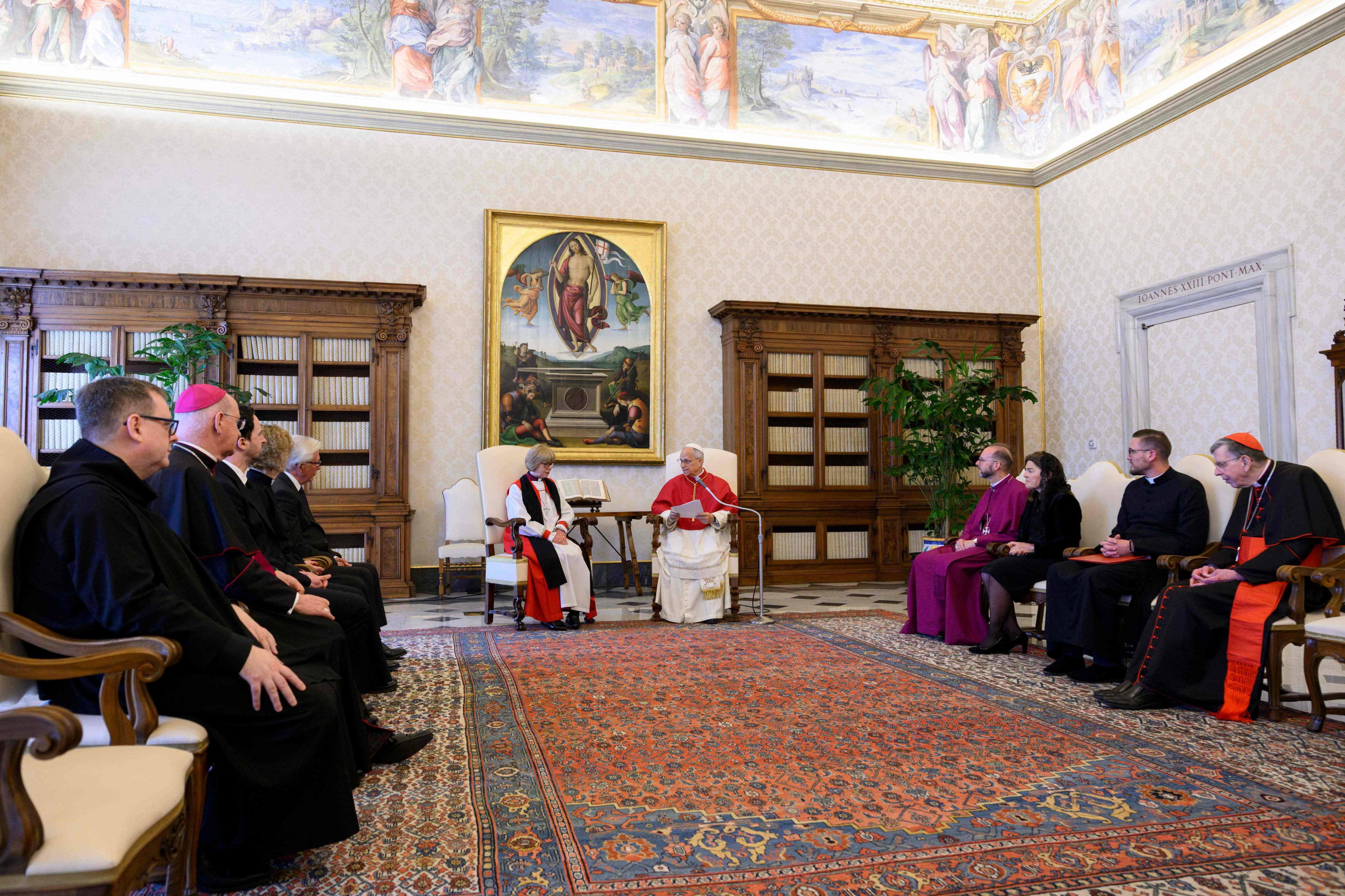 Pope Leo meets Archbishop of Canterbury Sarah Mullally at The Vatican on Monday. Photo: Simone Risoluti / Vatican media / AFP