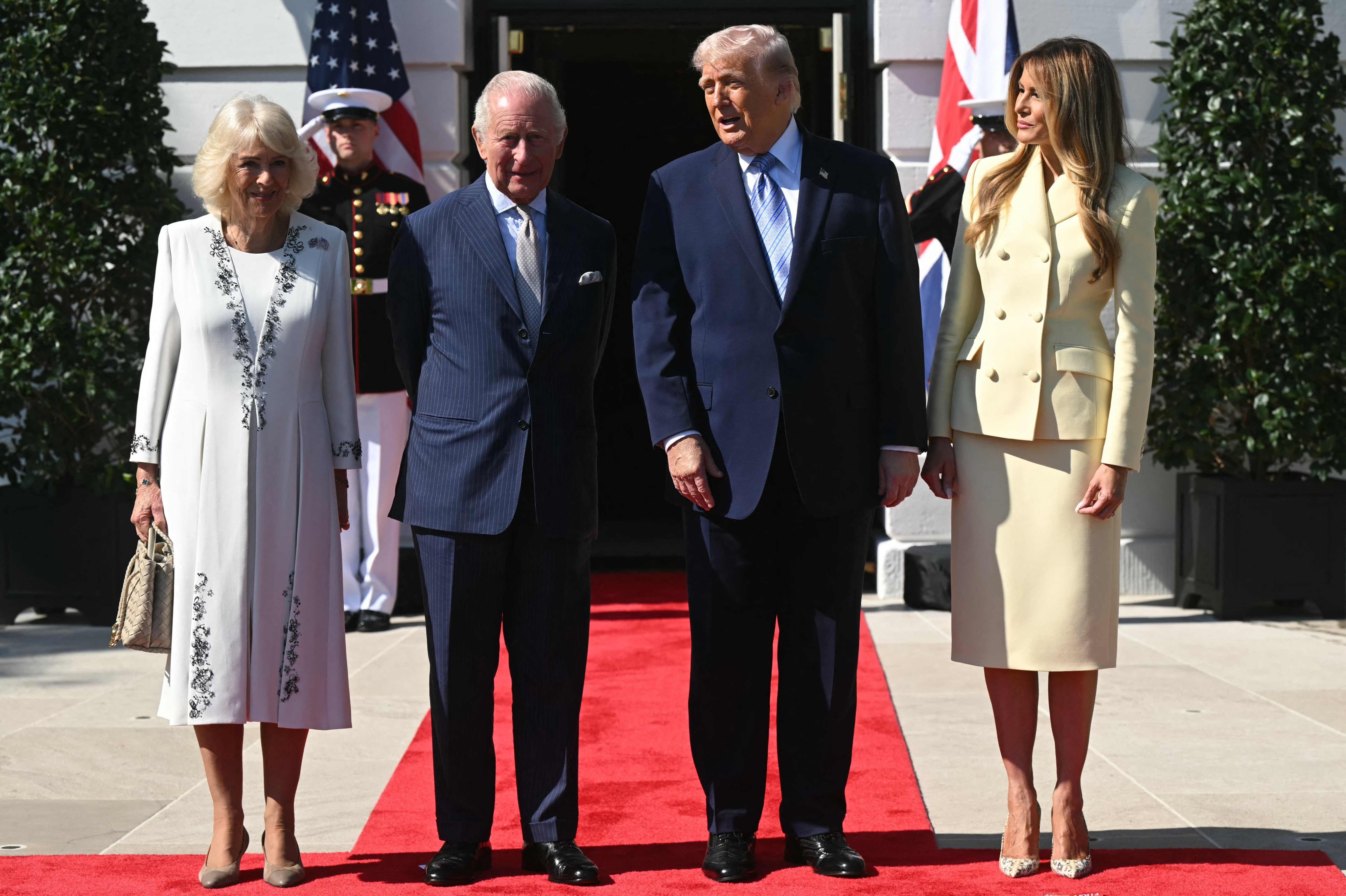 US President Donald Trump and first lady Melania Trump, right, greet King Charles and Queen Camilla at the White House in Washington on Monday. Photo: AFP