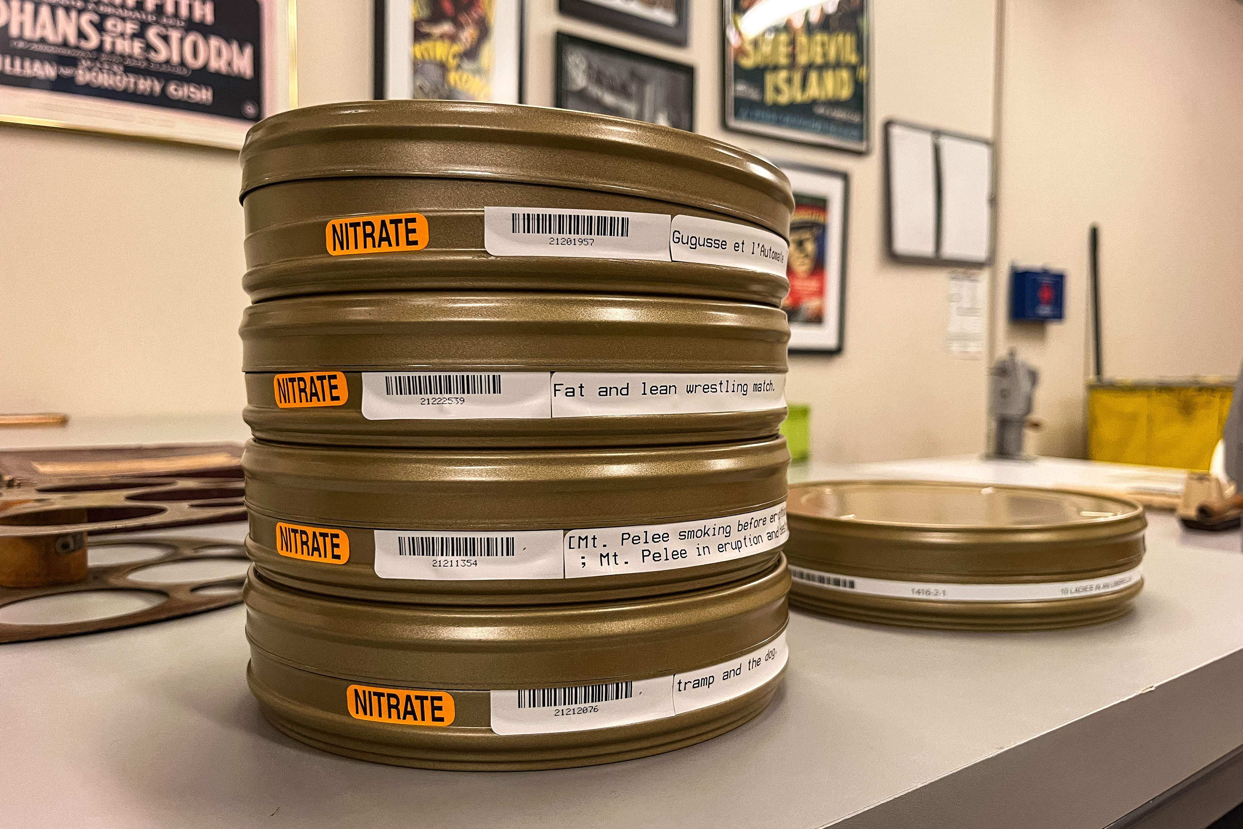 Motion picture film cans containing films from the nitrate film vault at the US National Audio-Visual Conservation Centre. Photo: AFP