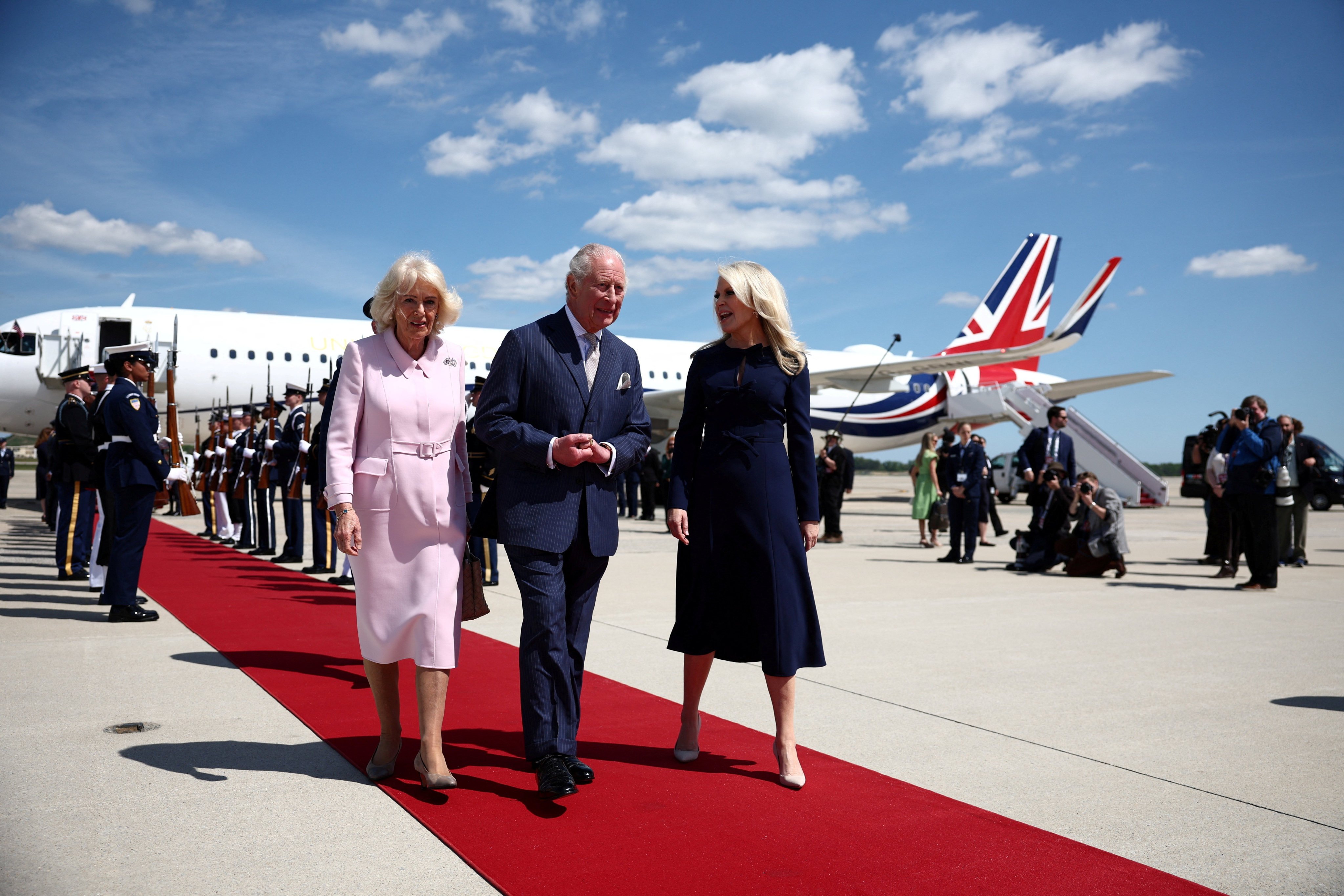Britain’s King Charles and Queen Camilla are greeted by US Protocol Chief Monica Crowley as they arrive at Joint Base Andrews, Maryland on Monday. Photo: Reuters
