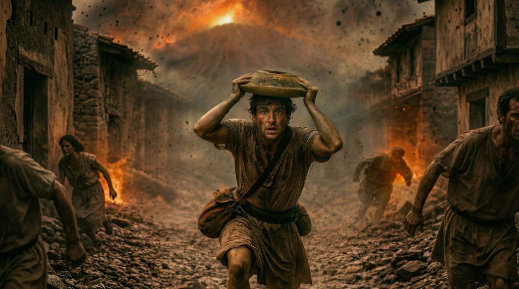 The AI-generated image shows a man ducking ​for cover while holding a large bowl over his head. Image: Pompeii Archaeological Park