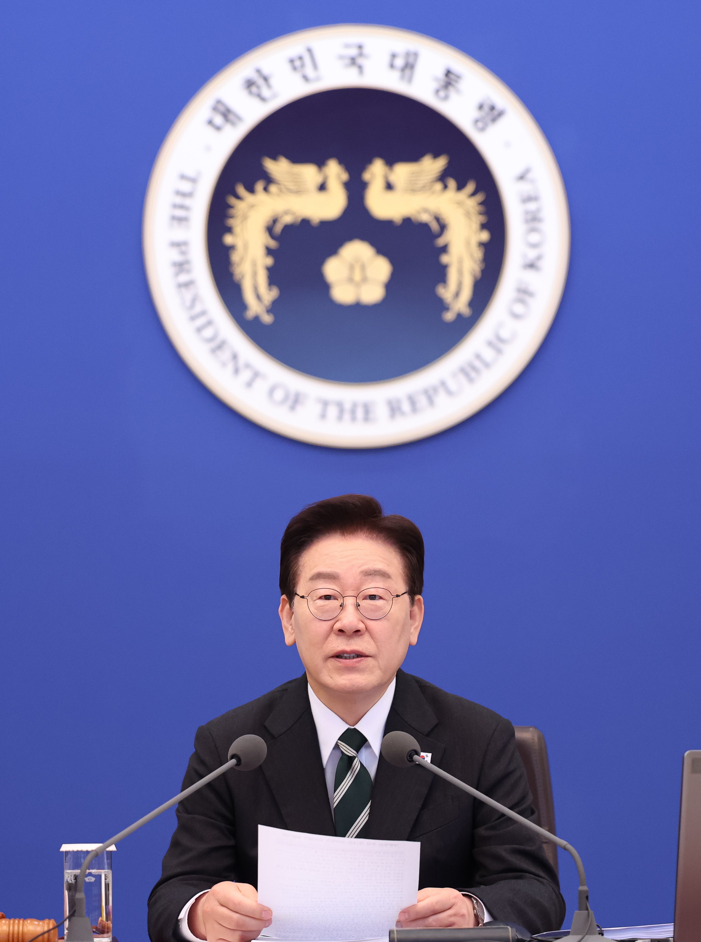 President Lee Jae Myung speaks during a Cabinet meeting at the presidential office Cheong Wa Dae in Seoul, South Korea, on Tuesday. Photo: EPA/Yonhap