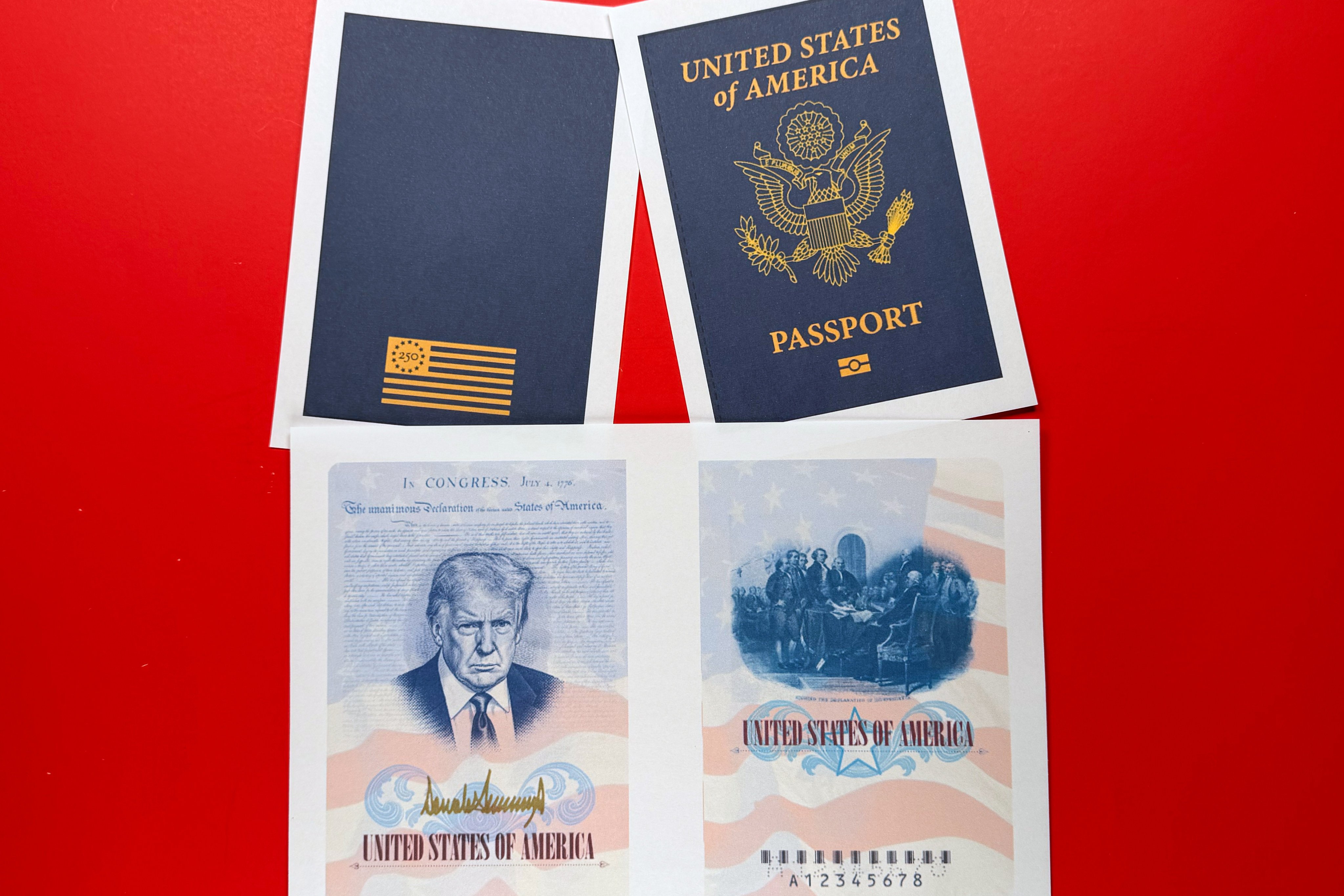 The limited-edition passport will feature Trump’s official photo superimposed on the Declaration of Independence, with his signature in gold underneath.