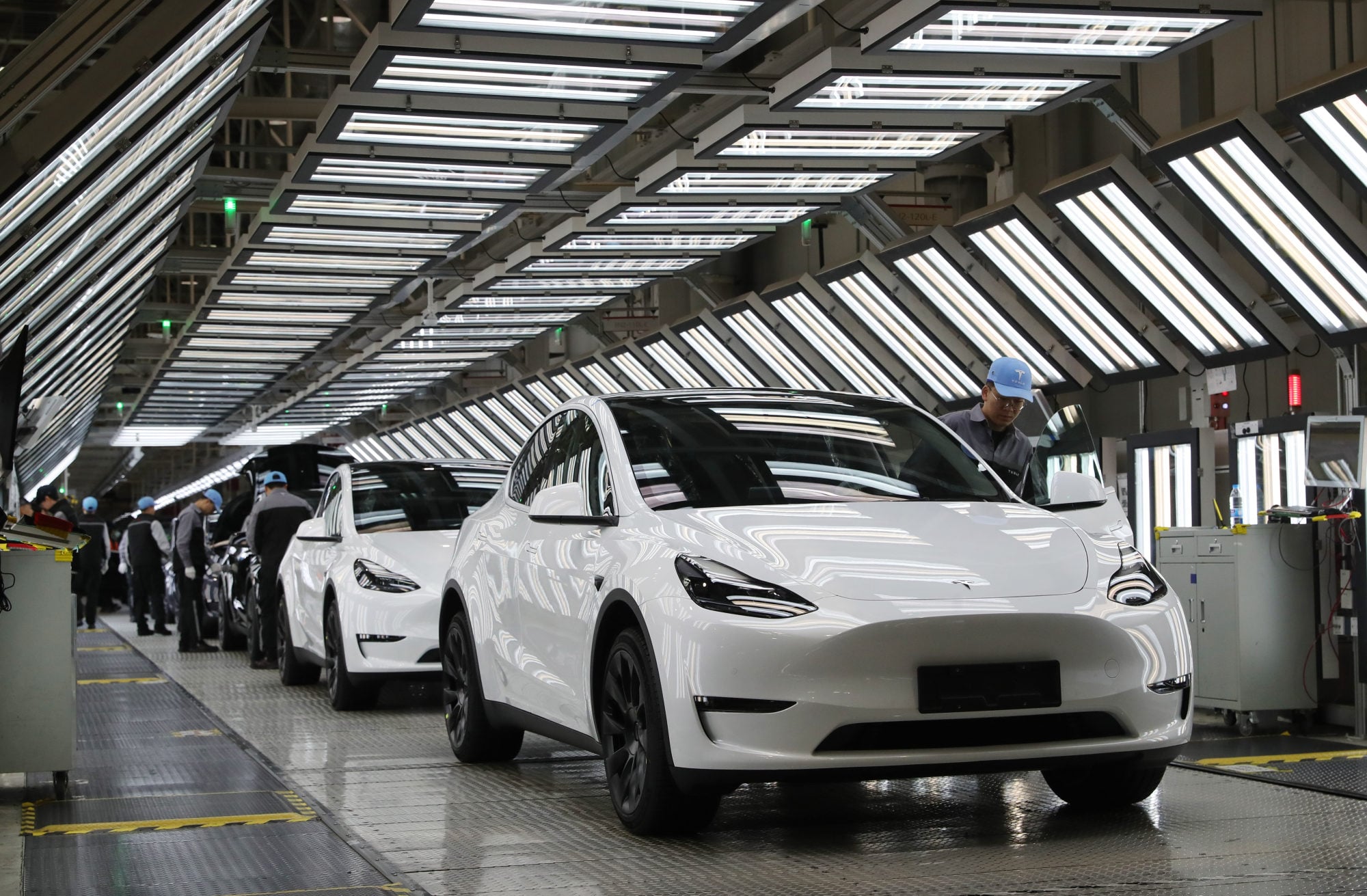 Employees work at Tesla’s Gigafactory in Shanghai. Photo: Xinhua