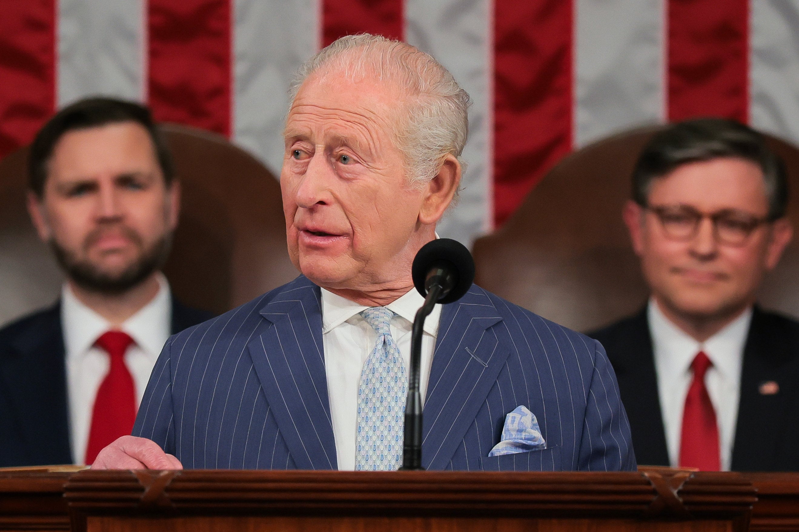Britain’s King Charles addresses a joint meeting of Congress while US Vice-President J.D. Vance (left) and House Speaker Mike Johnson listen in Washington on Tuesday. Photo: AP