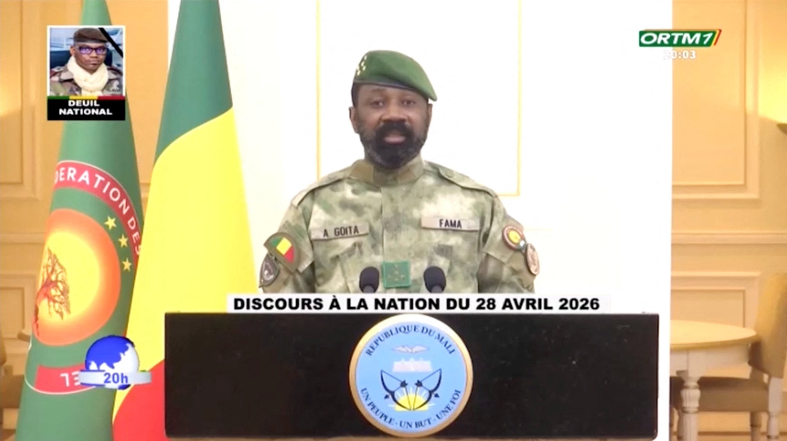 The leader of Mali’s military government, Assimi Goita, delivers a brief address on the evening news. Photo: ORTM via Reuters