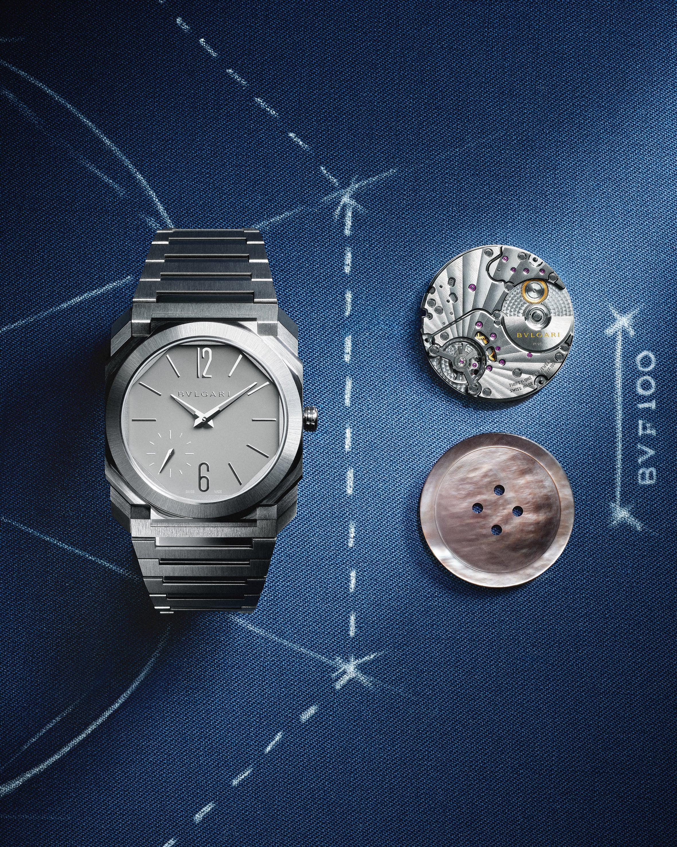 The new 37mm Bulgari Octo Finissimo with titanium case and bracelet, and its new self-winding Calibre BVF 100. Photo: Handout