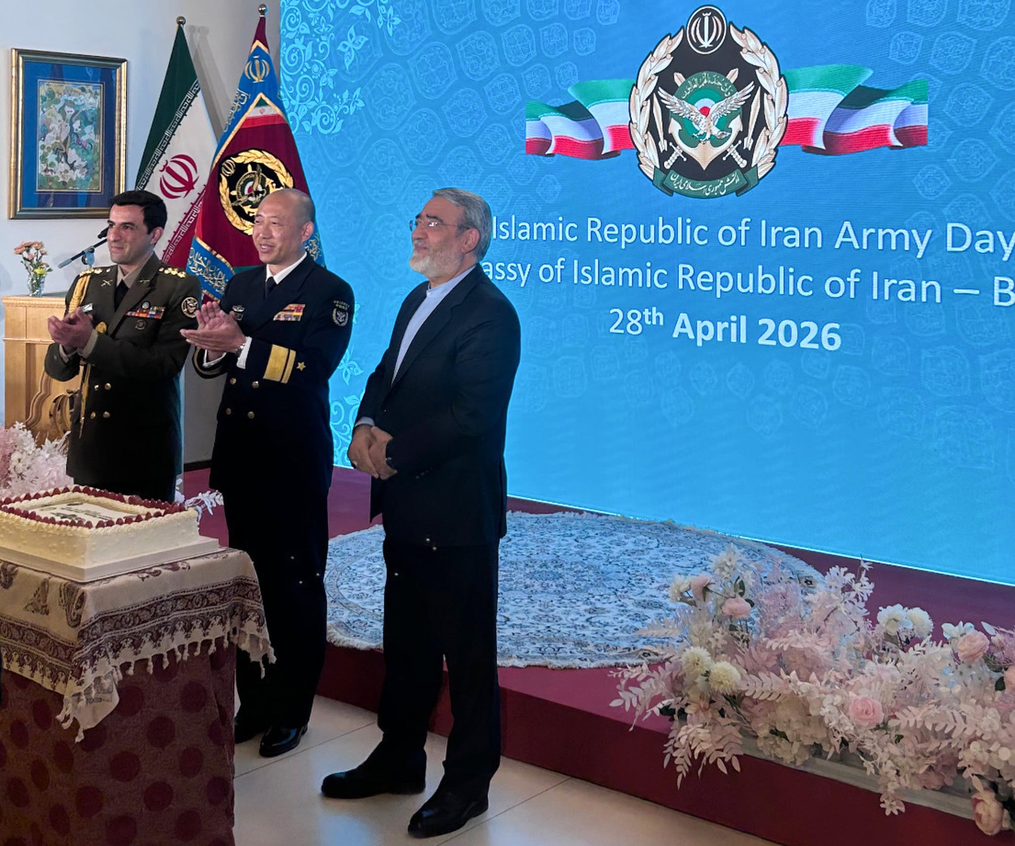 Iranian ambassador to China Abdolreza Rahmani Fazli with Major General Jiang Ke, assistant chief of staff at the PLA Central Theatre Command, at the event in Beijing on Tuesday. Photo: Laura Zhou