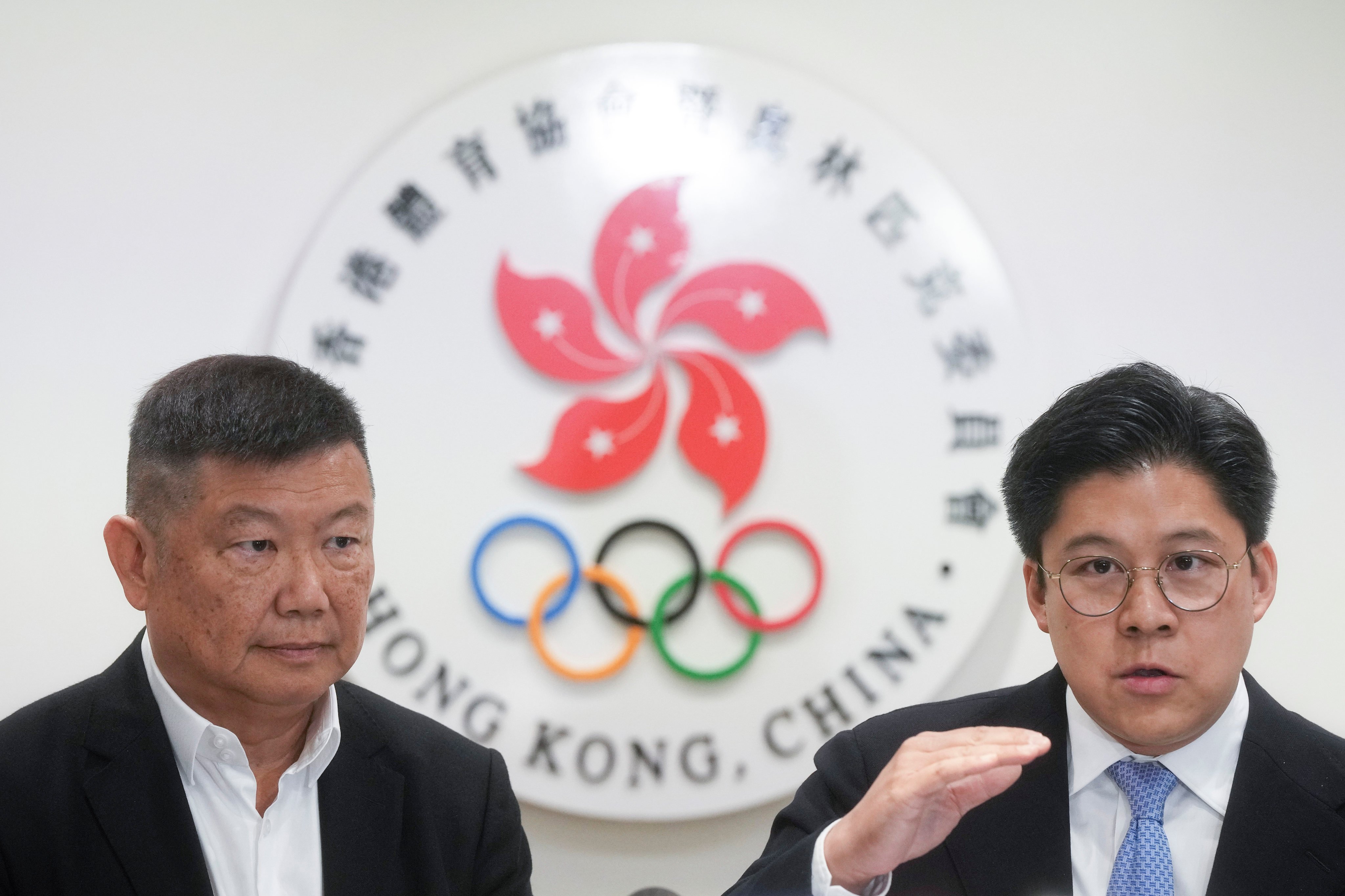 Edgar Yang (left), honorary secretary general of the Sports Federation and Olympic Committee, Hong Kong, and Kenneth Fok, the federation’s vice-president, discuss the code of governance report with the media on November 20, 2024. Photo: Elson Li