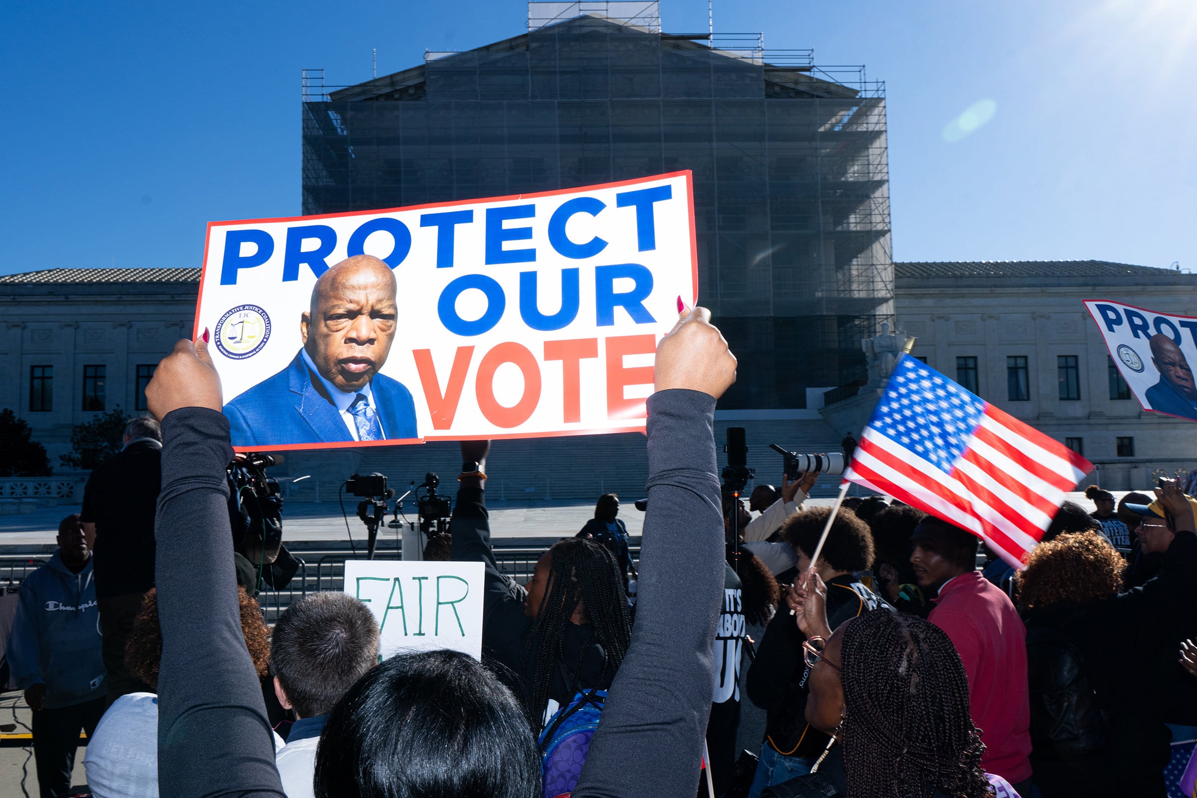Voting rights activists protest outside the US Supreme Court in October 2025. Photo: TNS