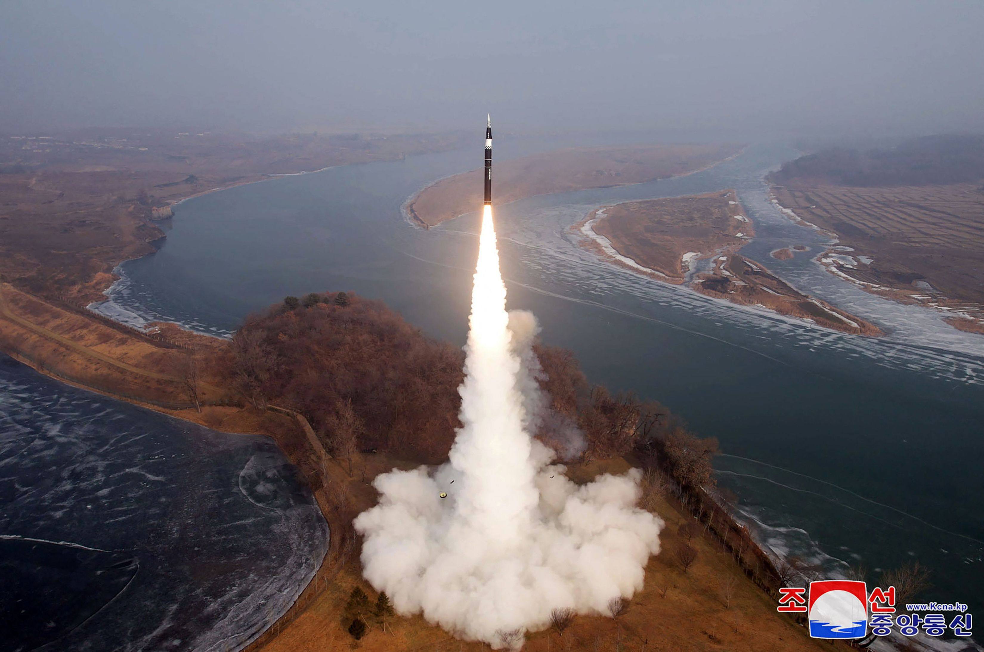 The launch of a hypersonic missile at an undisclosed location in North Korea in January. Photo: KCNA via KNS/AFP