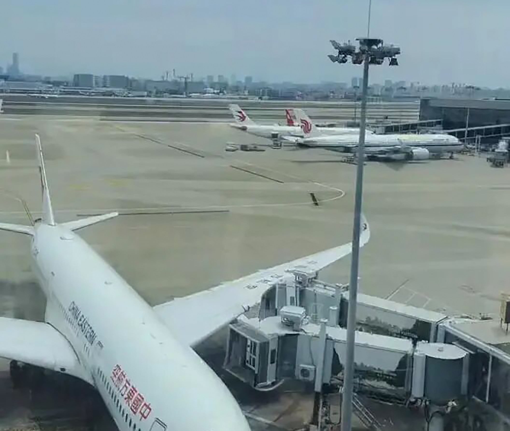 A China Eastern Airbus A350-900 struck a jet bridge with its wing as it approached a gate at Shanghai Hongqiao International Airport on Saturday morning. Photo: Weibo