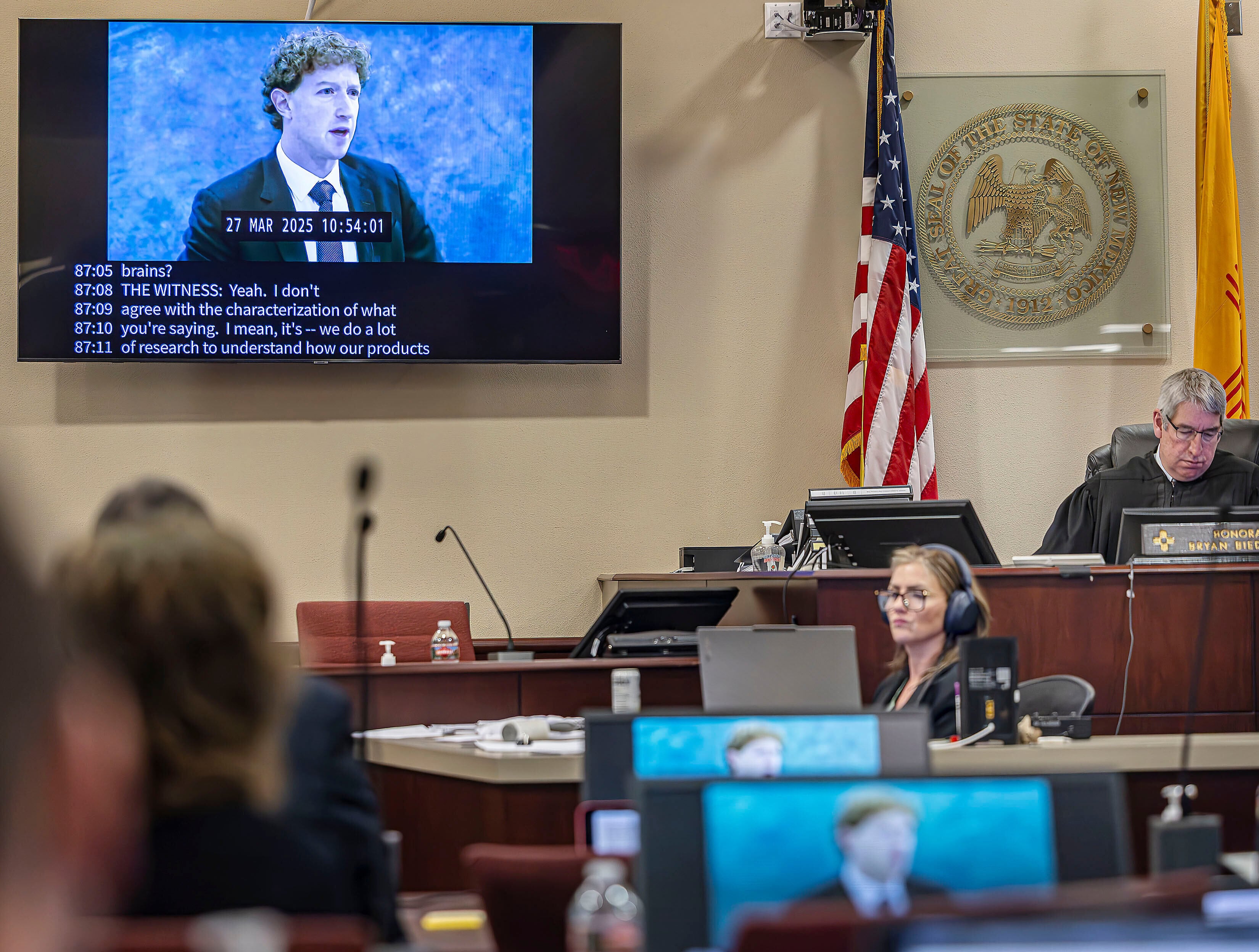 A recording of Meta Founder and CEO Mark Zuckerberg’s deposition is played for the jurors on March 4, in Santa Fe, New Mexico, USA. Photo: AP