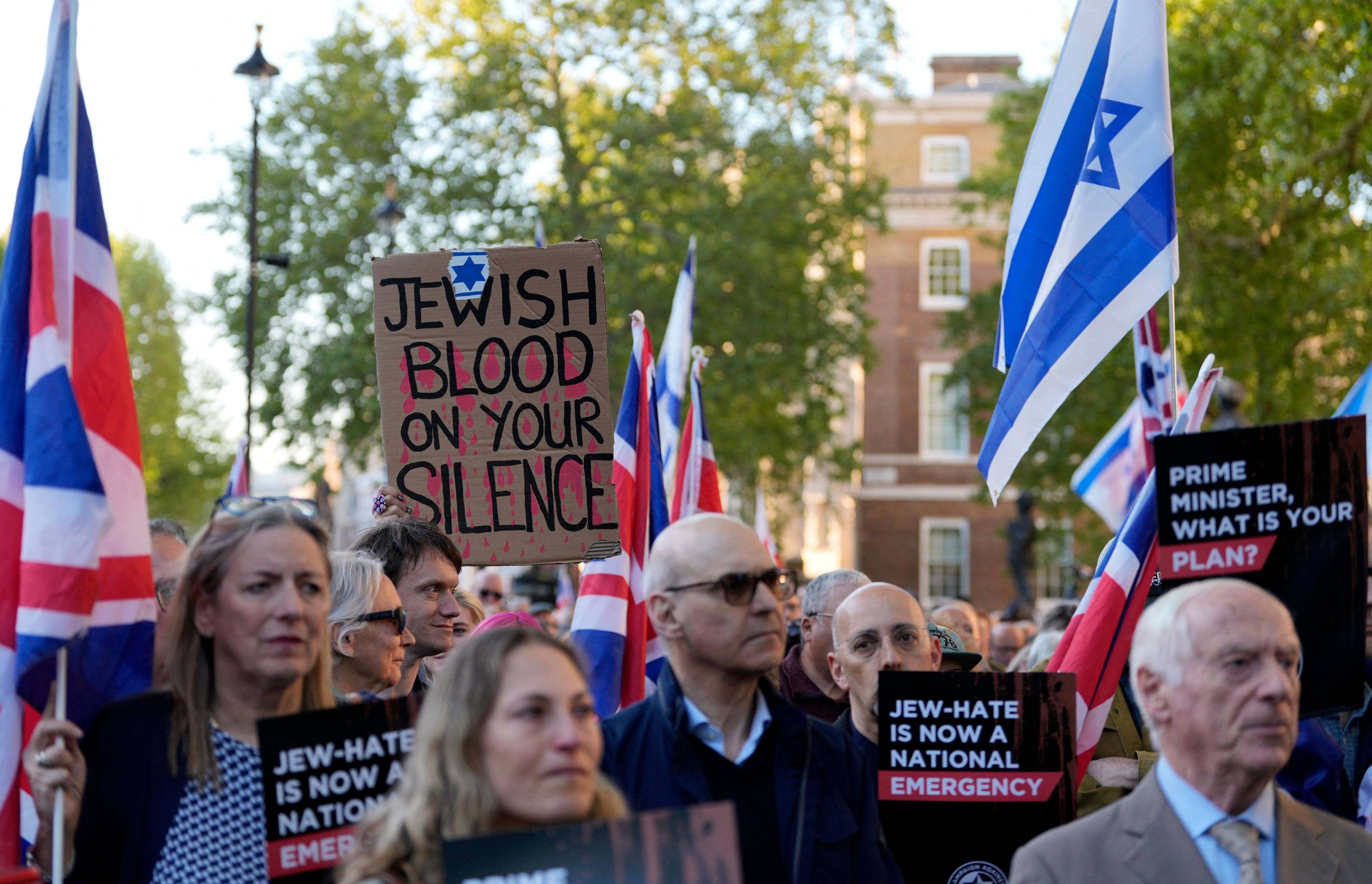 People attend a rally organised by the Campaign Against Antisemitism in London on Thursday, following the stabbing of two Jewish men a day earlier in Golders Green, north London. Photo: AFP