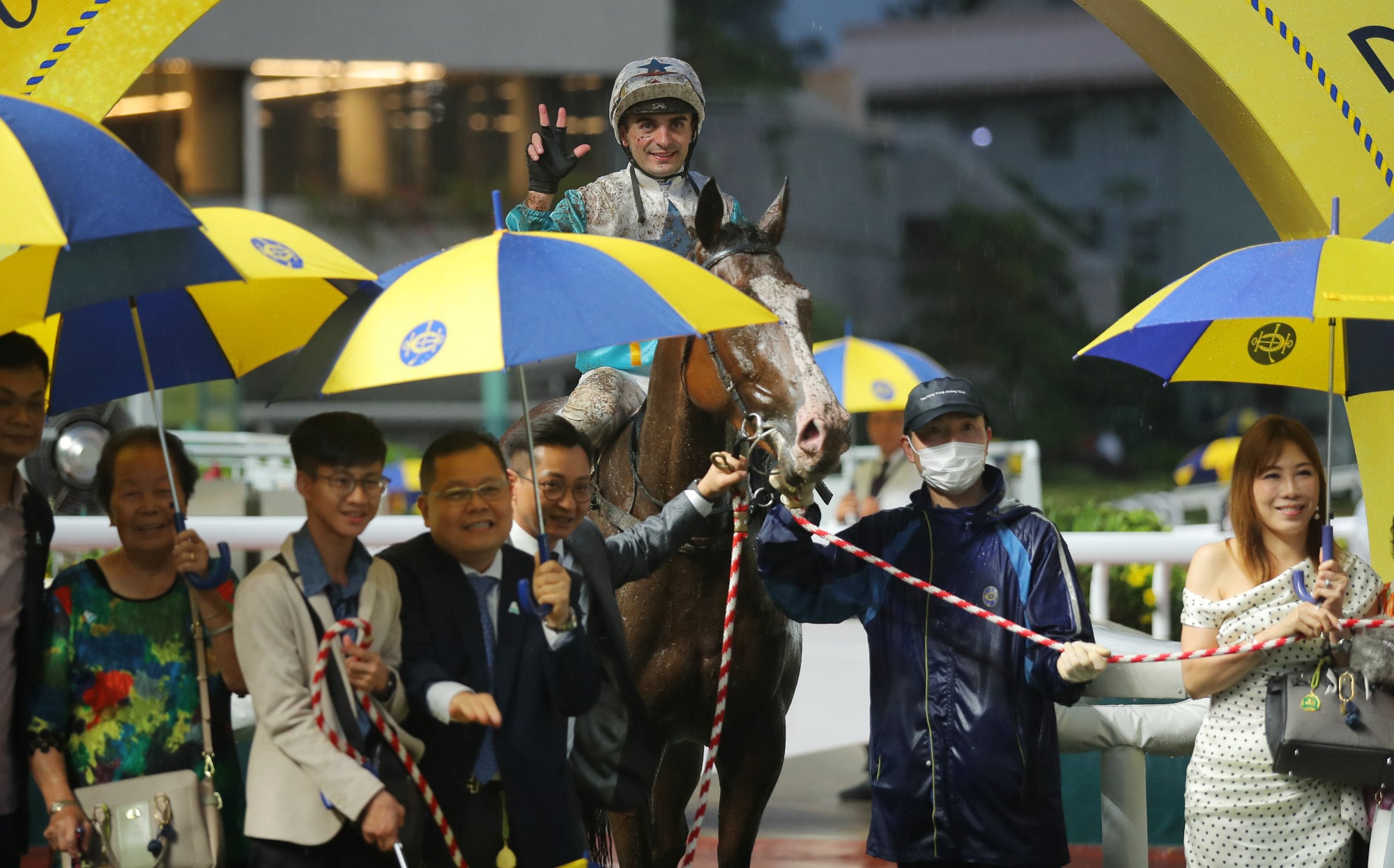 Andrea Atzeni celebrates his third winner of the day, Baby Sakura.