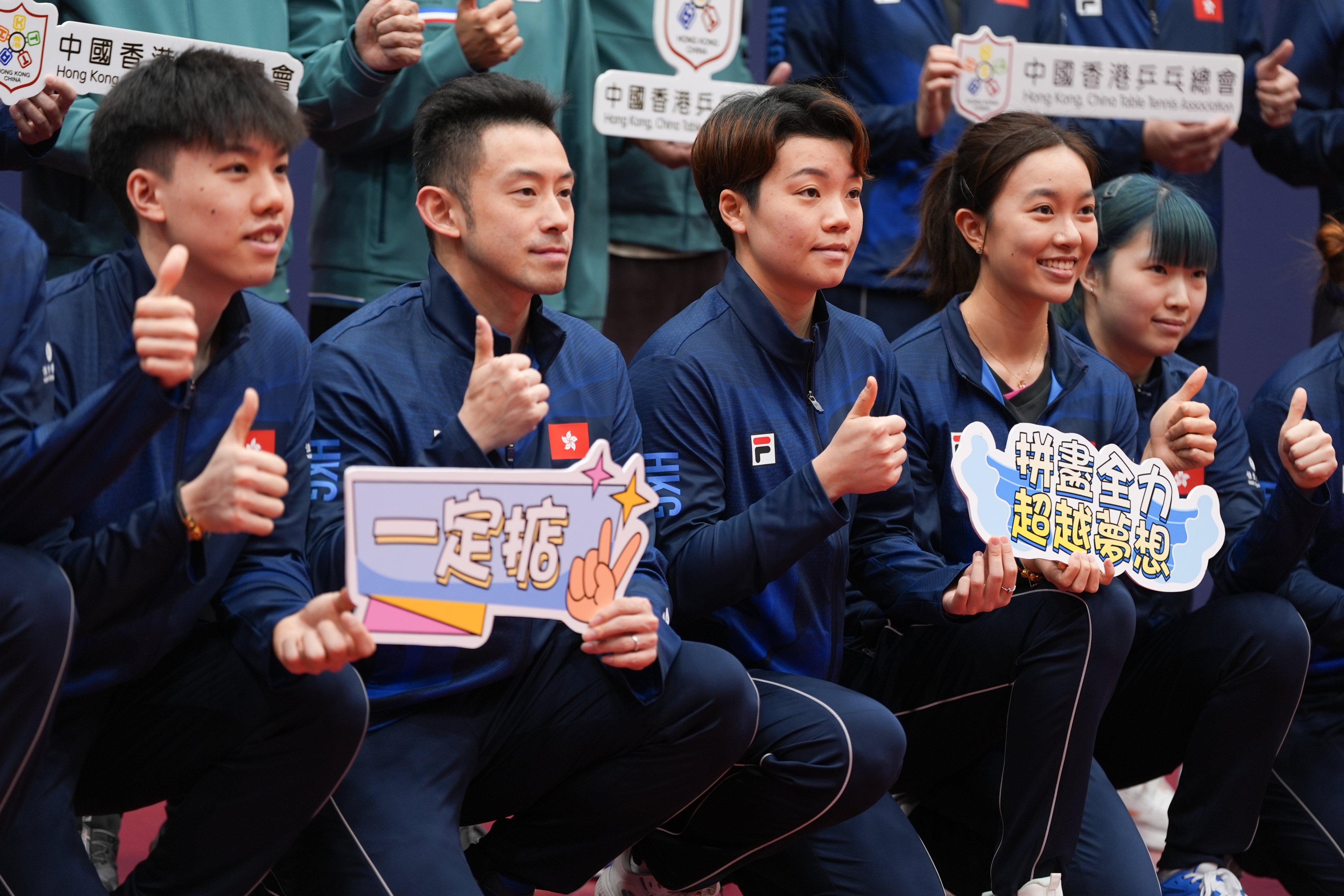 Members of Hong Kong’s table tennis squad (from left) Baldwin Chan Ho-wah, Wong Chun-ting, Doo Hoi-kem, Ng Wing-lam and Su Tsz-tung pose for a photo ahead of the World Team Championships. Photo: Eugene Lee