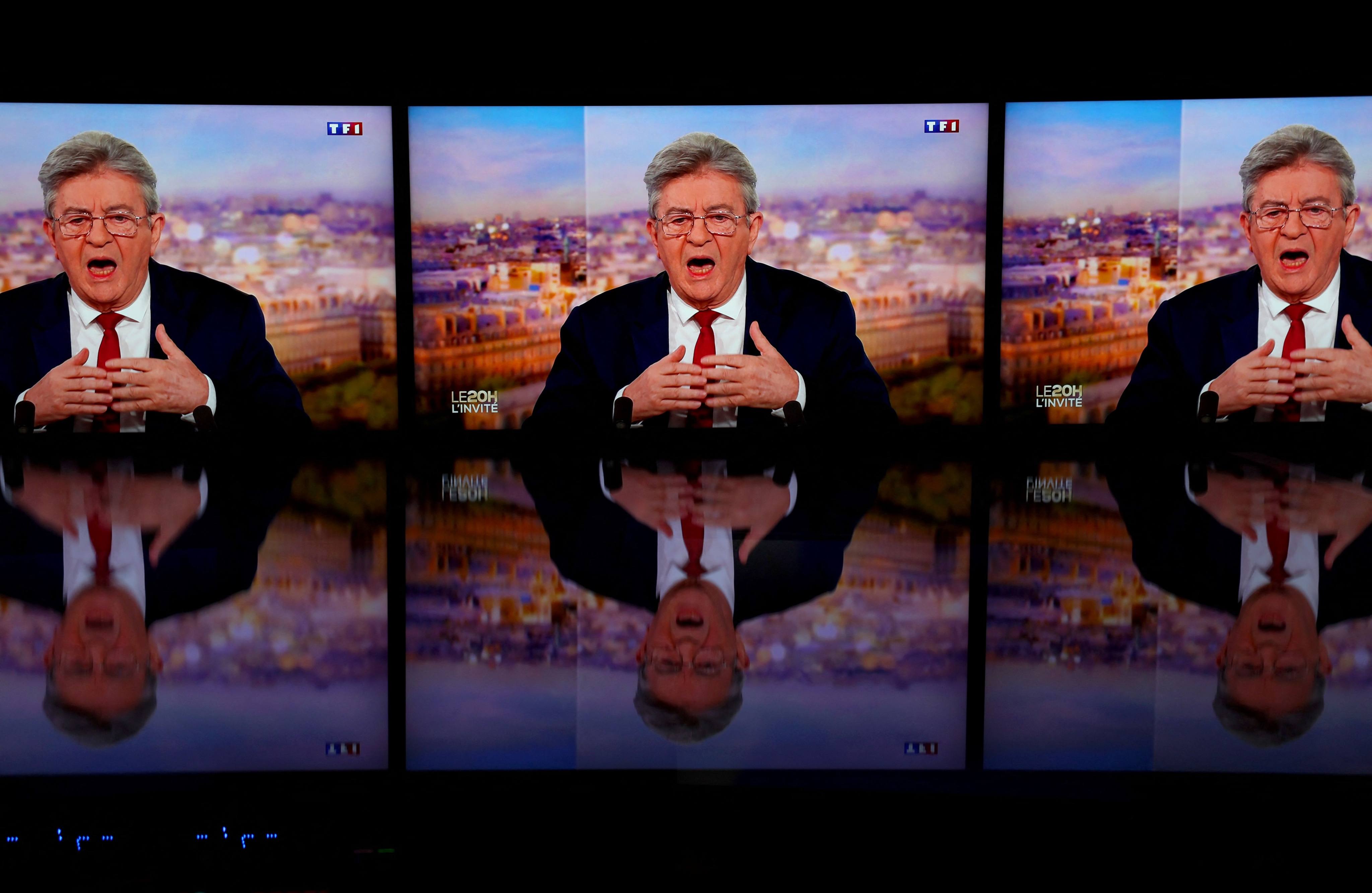 Jean-Luc Melenchon on TV screens as he announces his candidacy for the 2027 French presidential election. Photo: AFP