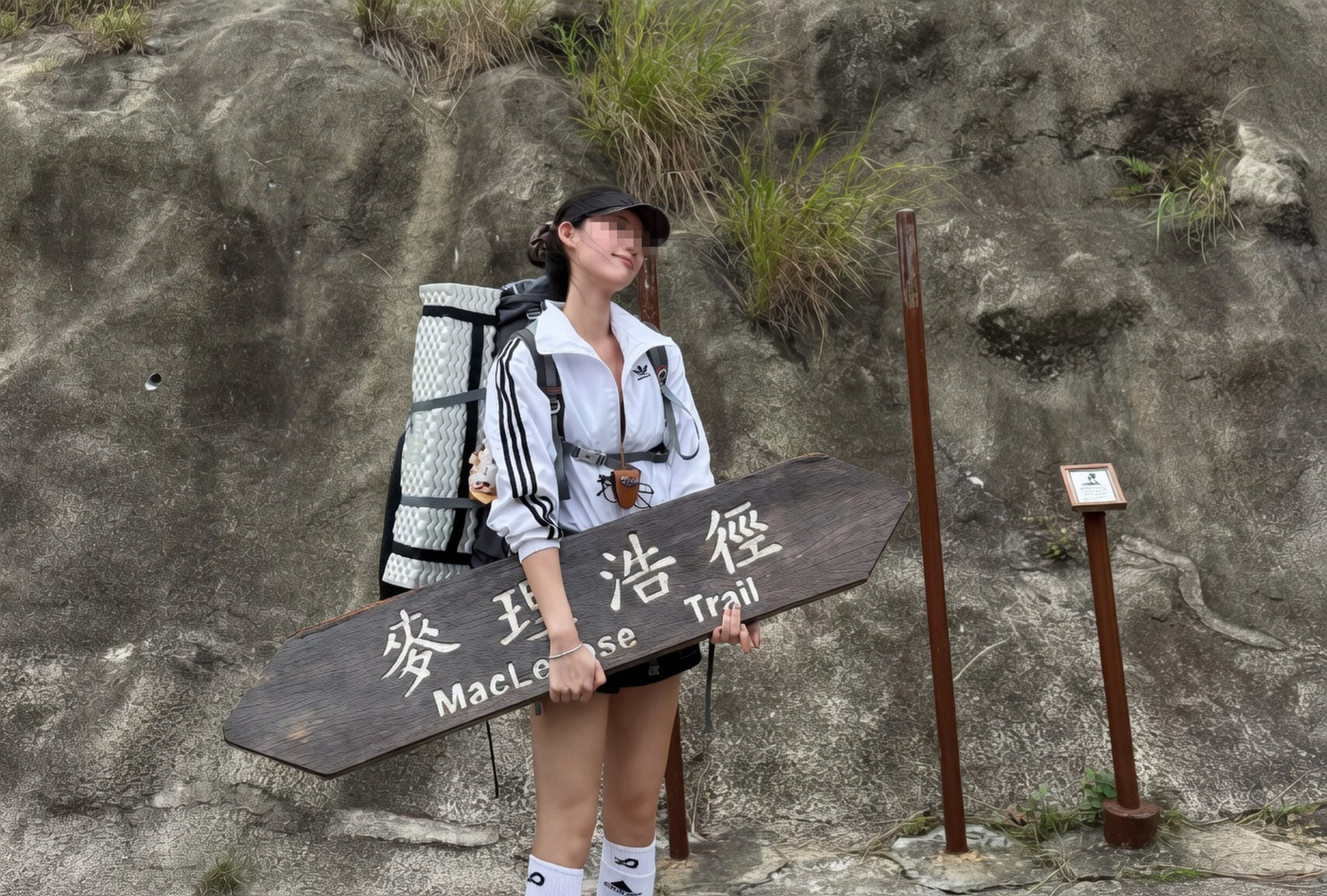 A viral photo of a woman holding a detached MacLehose Trail sign in Sai Kung has drawn criticism online. Photo: Handout