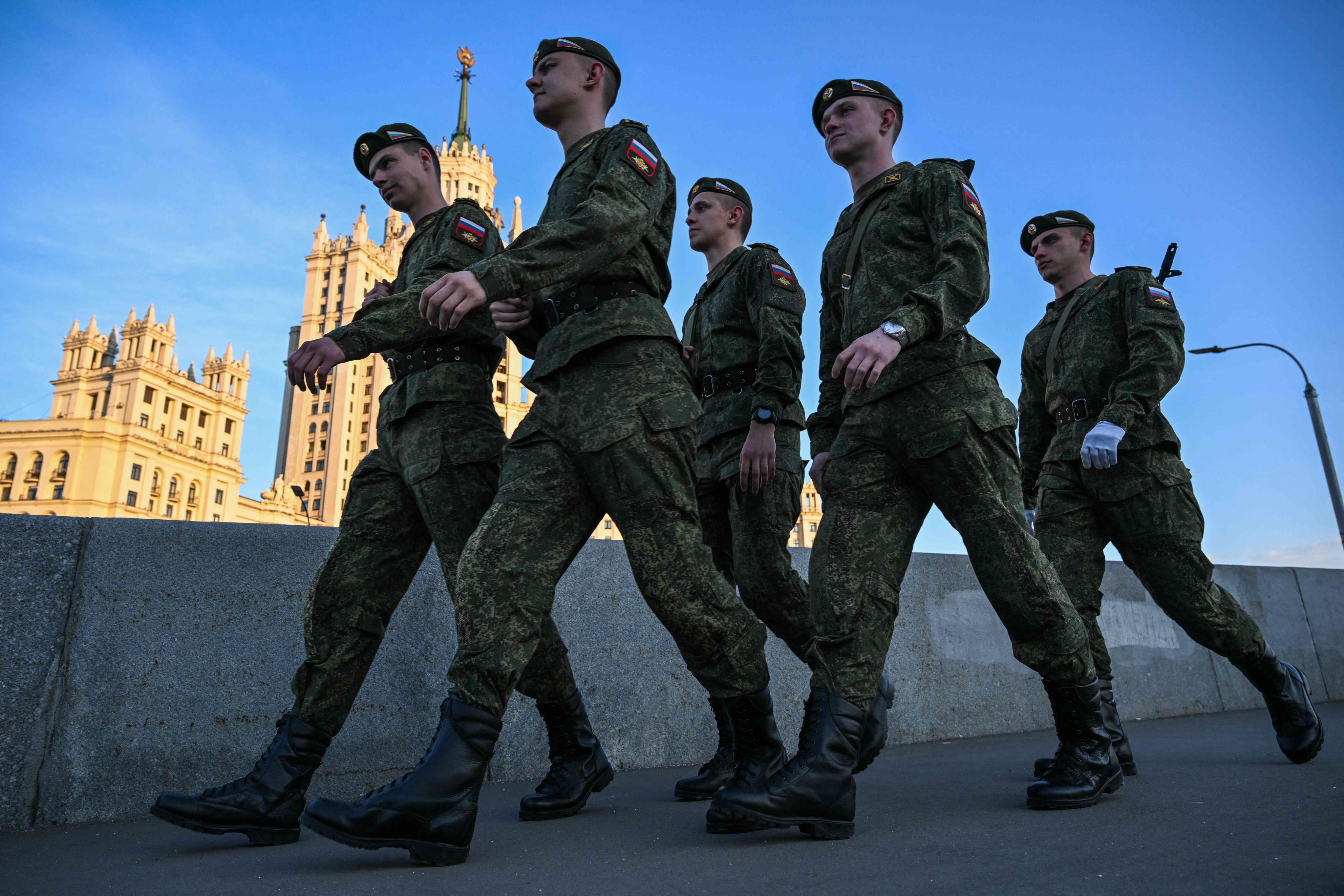 Russian servicemen gather for their Victory Day parade rehearsal. Photo: AFP