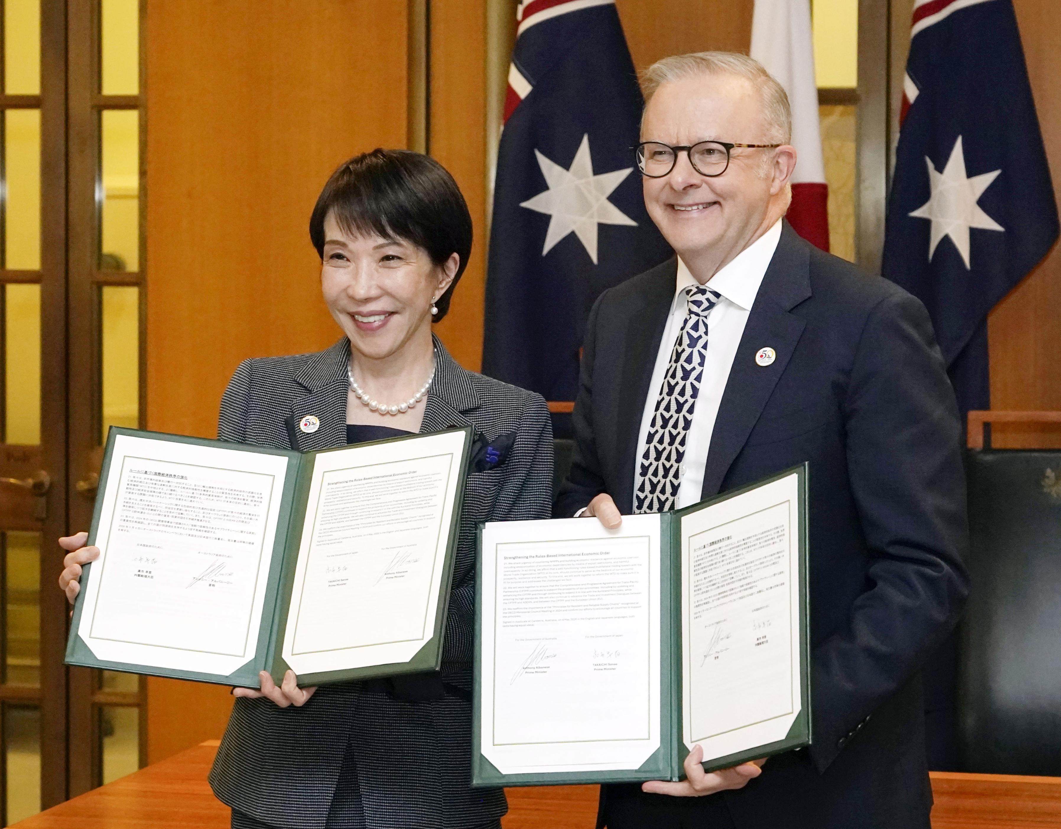 Japanese Prime Minister Sanae Takaichi and Australian Prime Minister Anthony Albanese. Photo: Kyodo