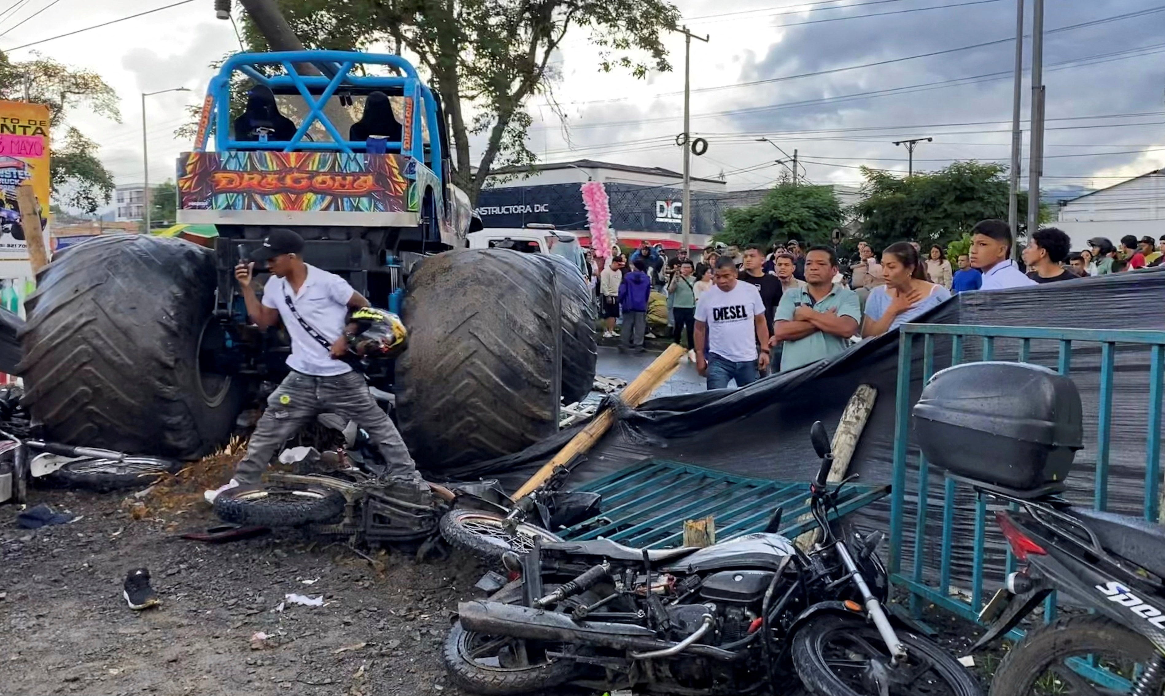 The monster truck after it ploughed into spectators. Photo: Henry Laserna via Reuters