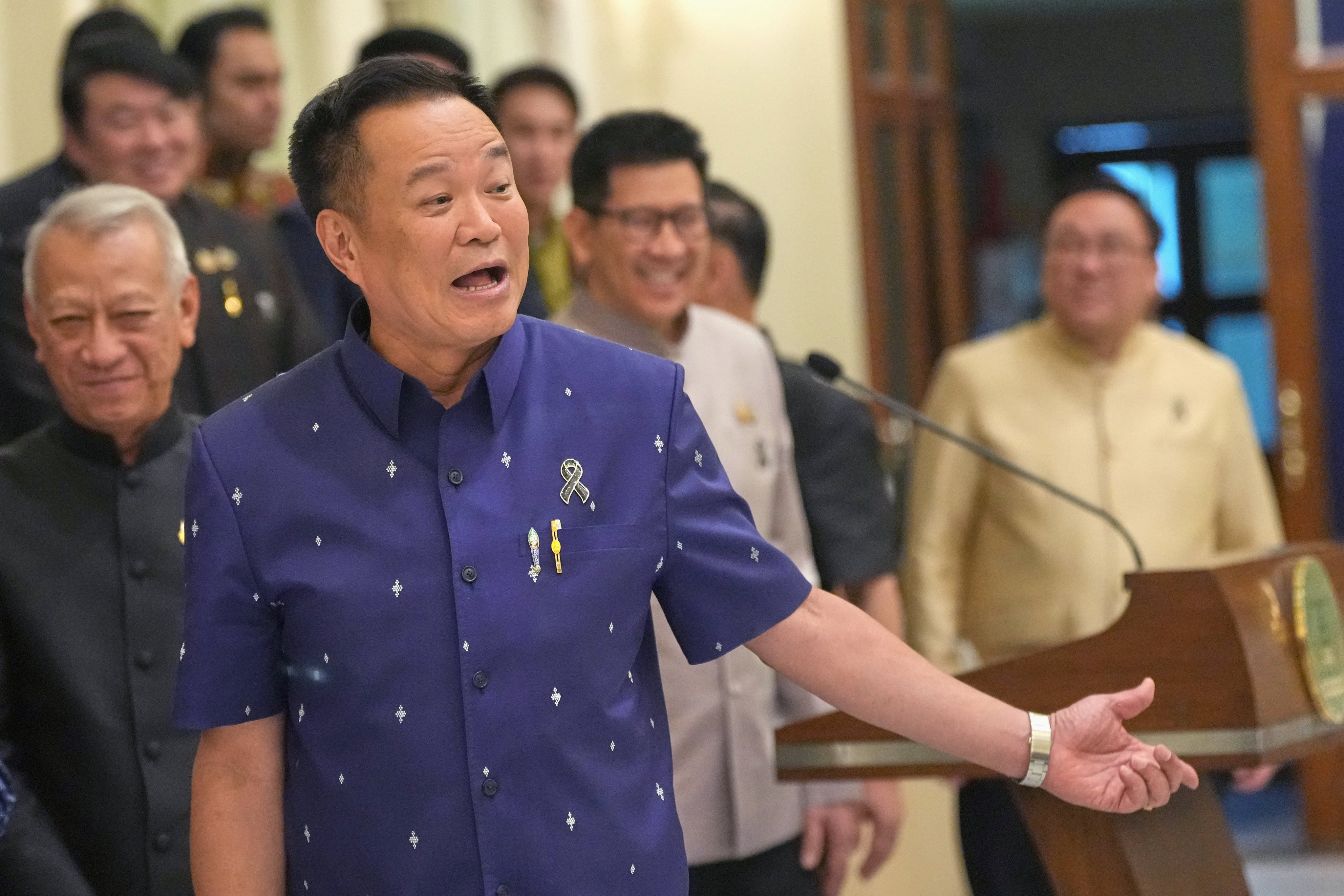 Thailand’s Prime Minister Anutin Charnvirakul speaks during a news conference in Bangkok on Tuesday. Photo: AP