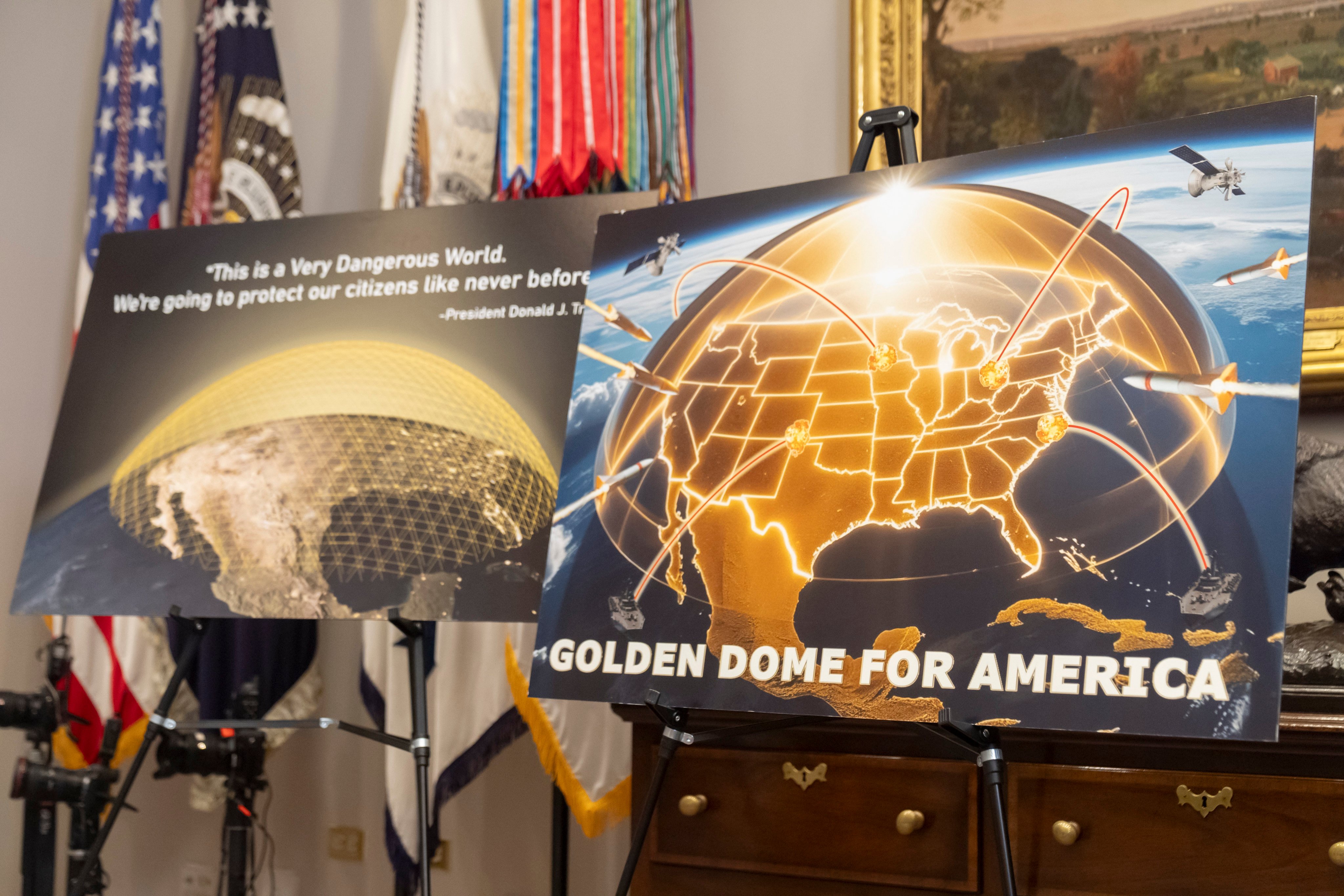 Posters for the proposed Golden Dome for America missile defense shield are displayed before an event with US President Donald Trump in the Roosevelt Room at the White House in May 2025. Photo: AP