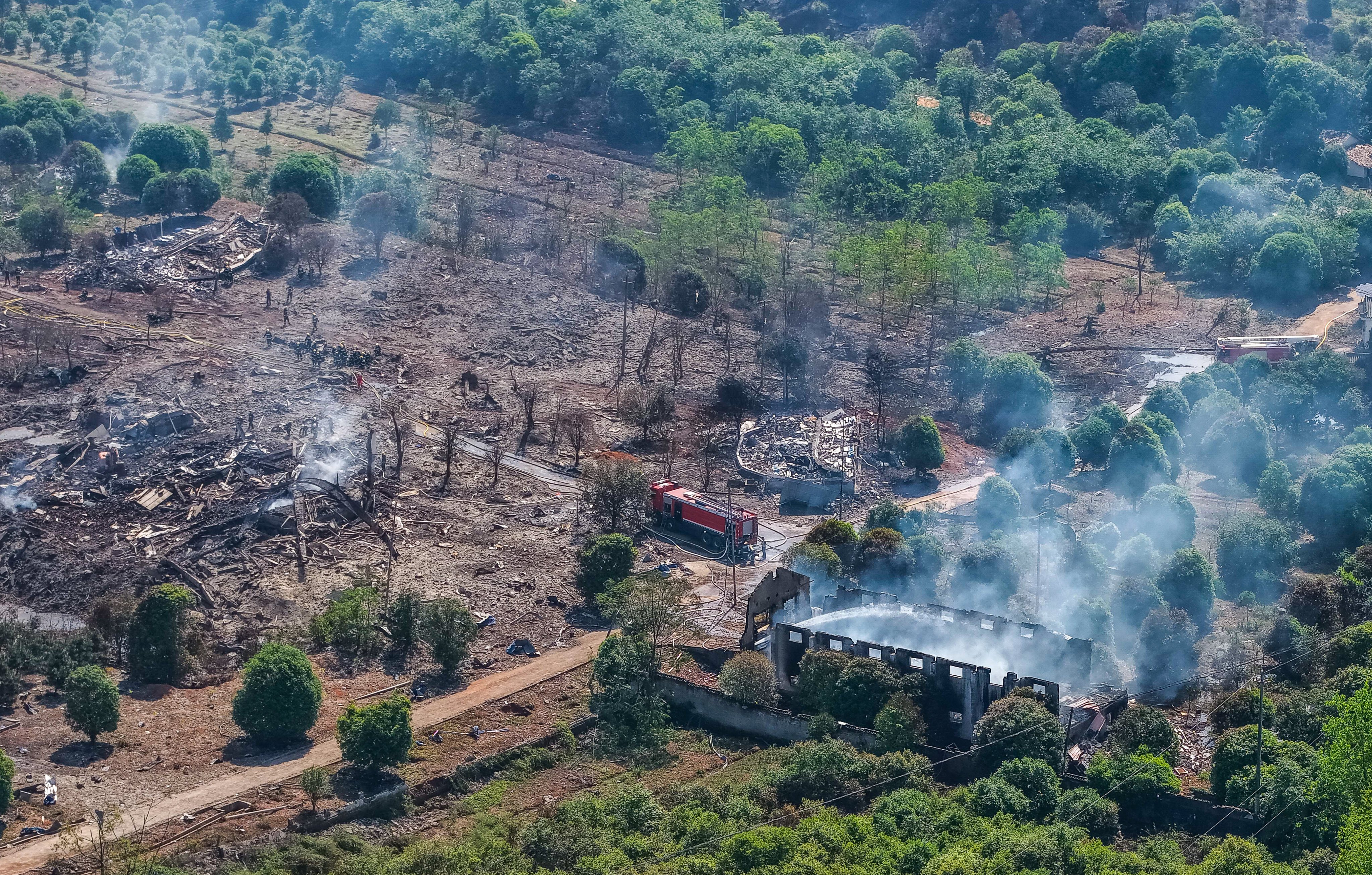 A drone captured this image on Tuesday of the smouldering accident site after Monday’s explosion at a fireworks factory in China’s Hunan province. Photo: Xinhua