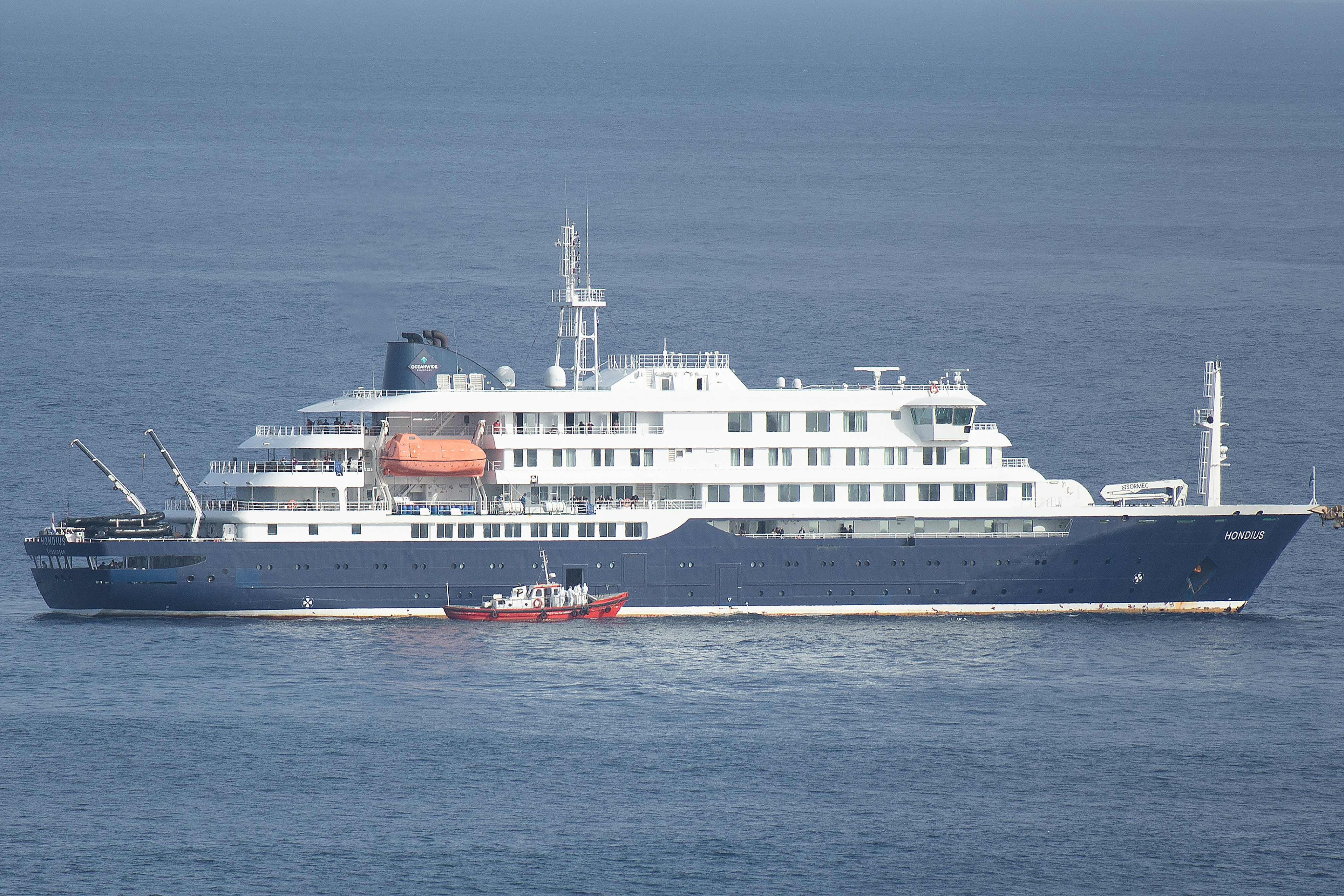 An ambulance boat crew prepares to board the MV Hondius. Photo: AFP