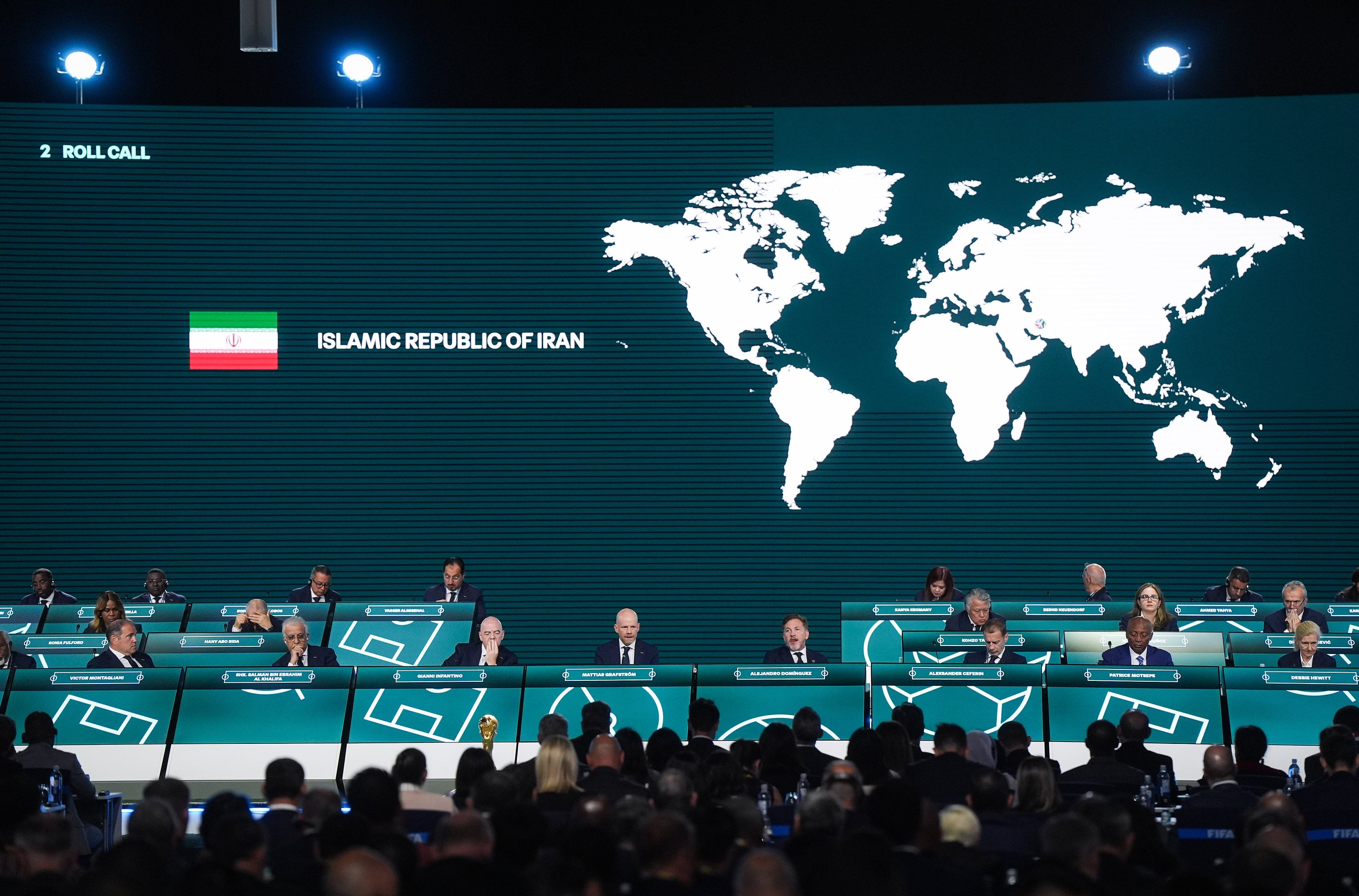 Iran are marked absent as Fifa secretary-general Mattias Grafstrom (fourth from front left) conducts the roll call during the  Fifa Congress in Vancouver last week. Photo: AP