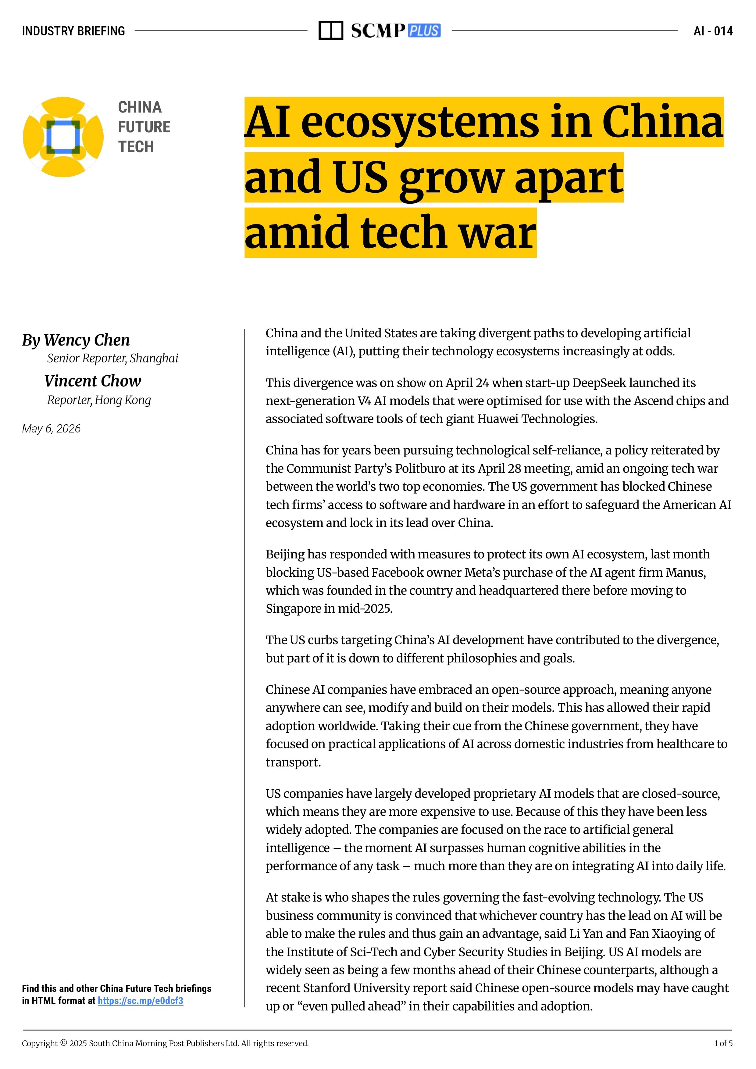 AI ecosystems in China and US grow apart amid tech war