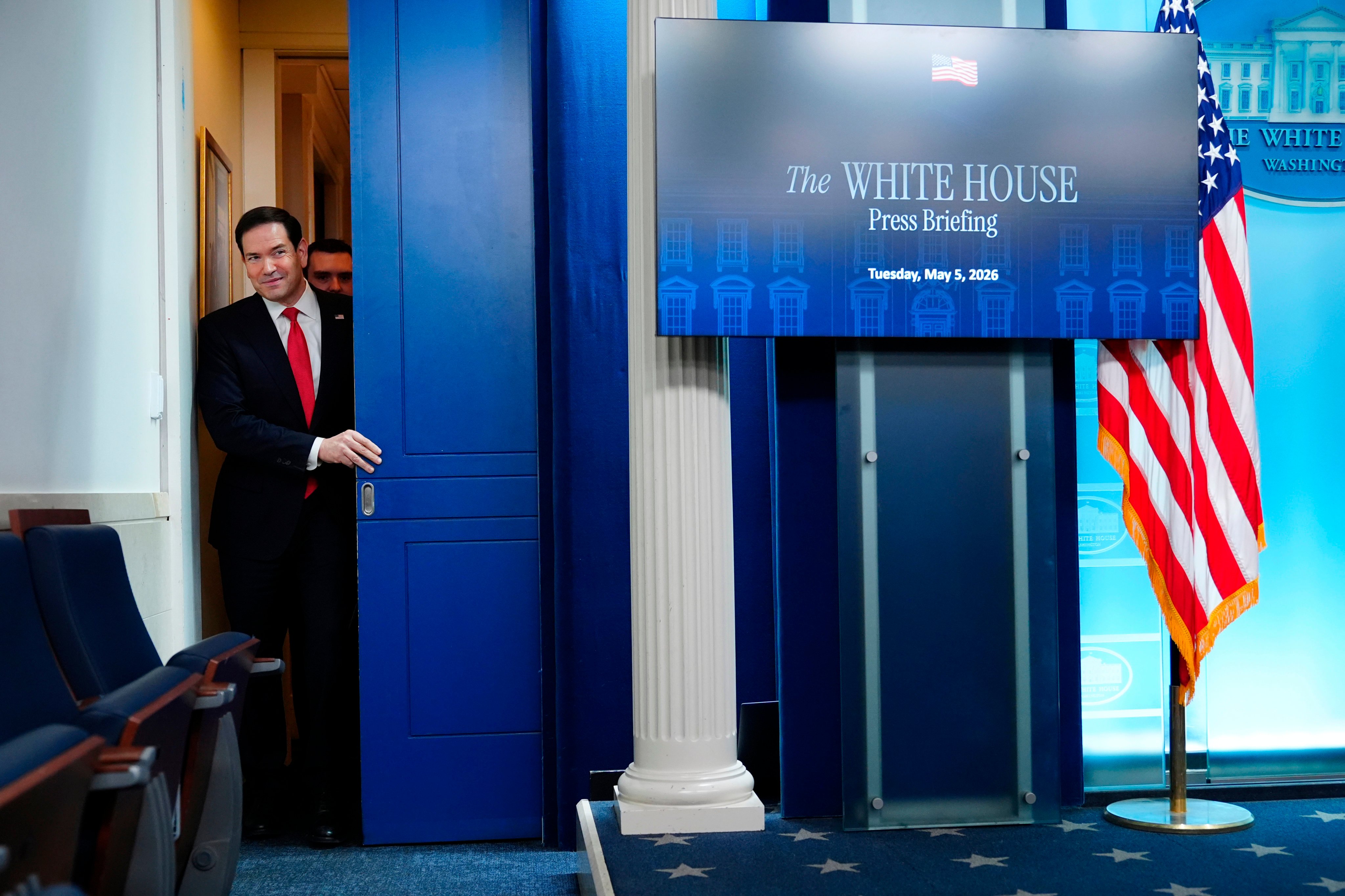 US Secretary of State Marco Rubio arrives to speak at a White House press briefing on Tuesday. Photo: AP