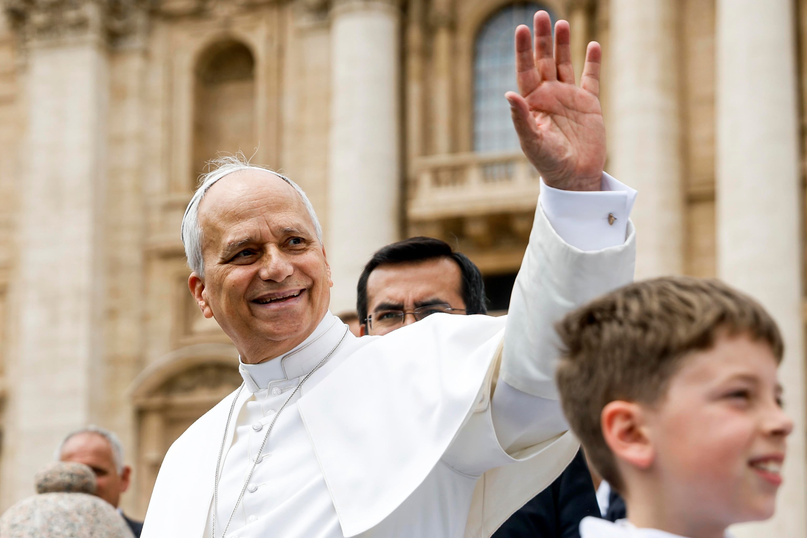 Pope Leo waves during his weekly general audience in St. Peter’s Square, Vatican City on Wednesday. Photo: EPA