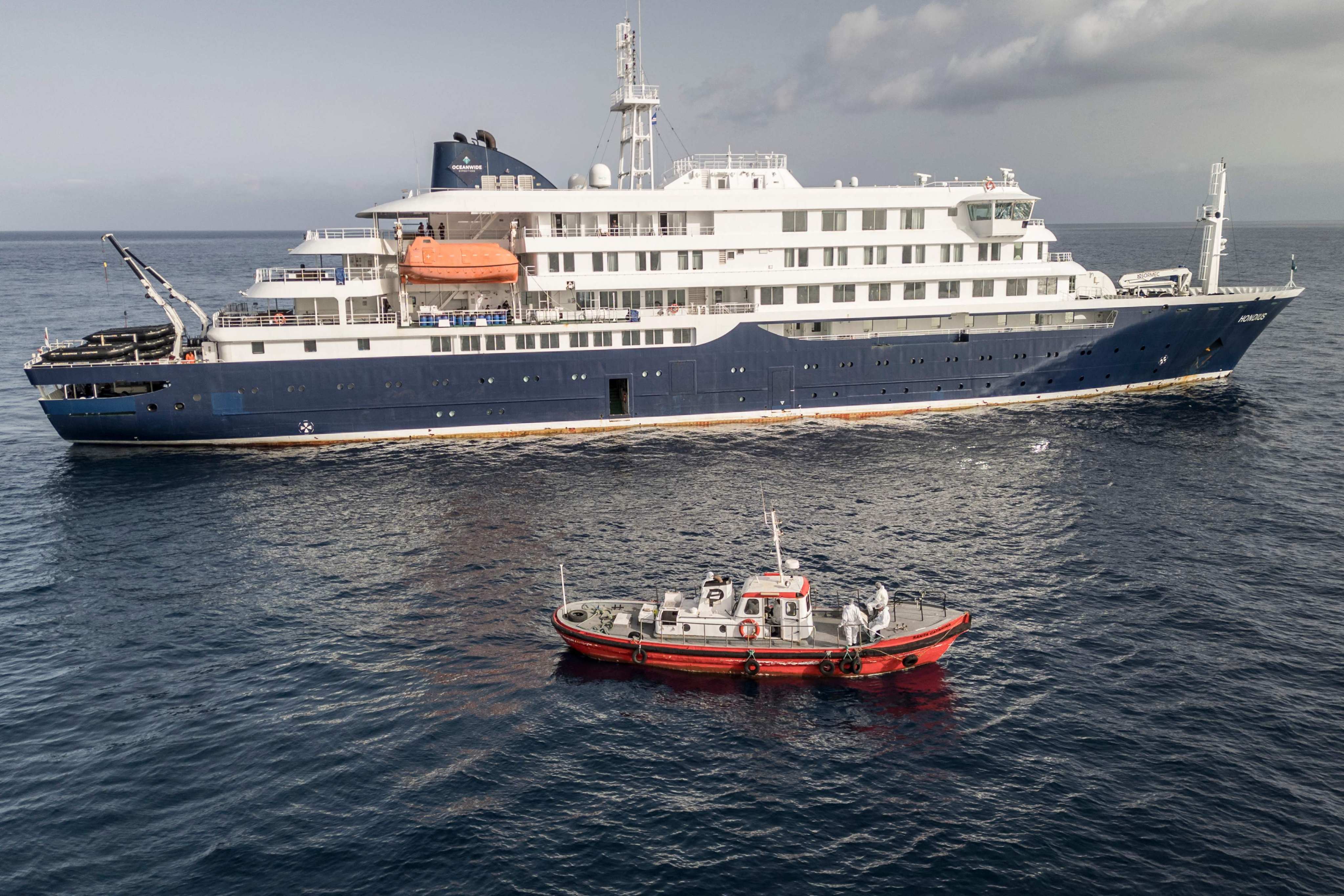 An ambulance boat approaching the MV Hondius. Photo: AFP