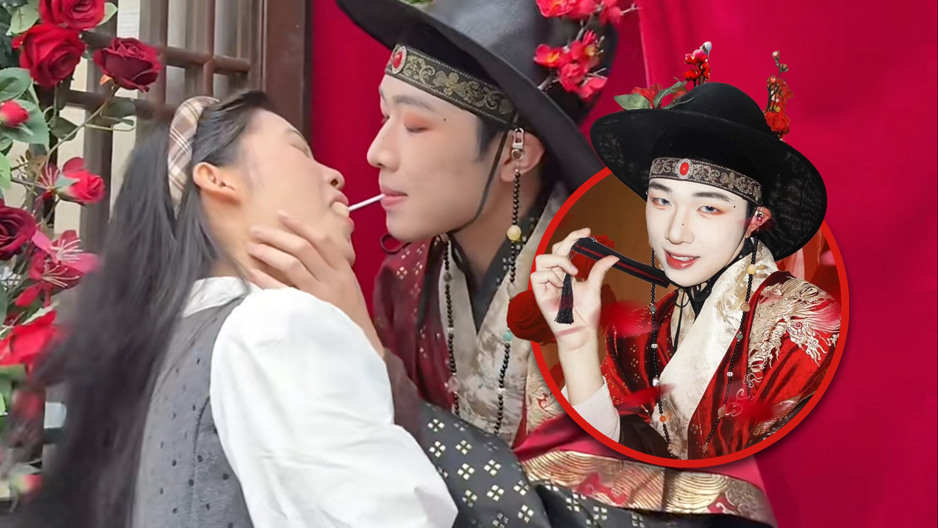 A male performer at a scenic attraction in China has attracted viral attention for his controversial “lollipop kiss,” where he transferred a lollipop directly from his mouth to that of visitors. Photo: SCMP composite/RedNote