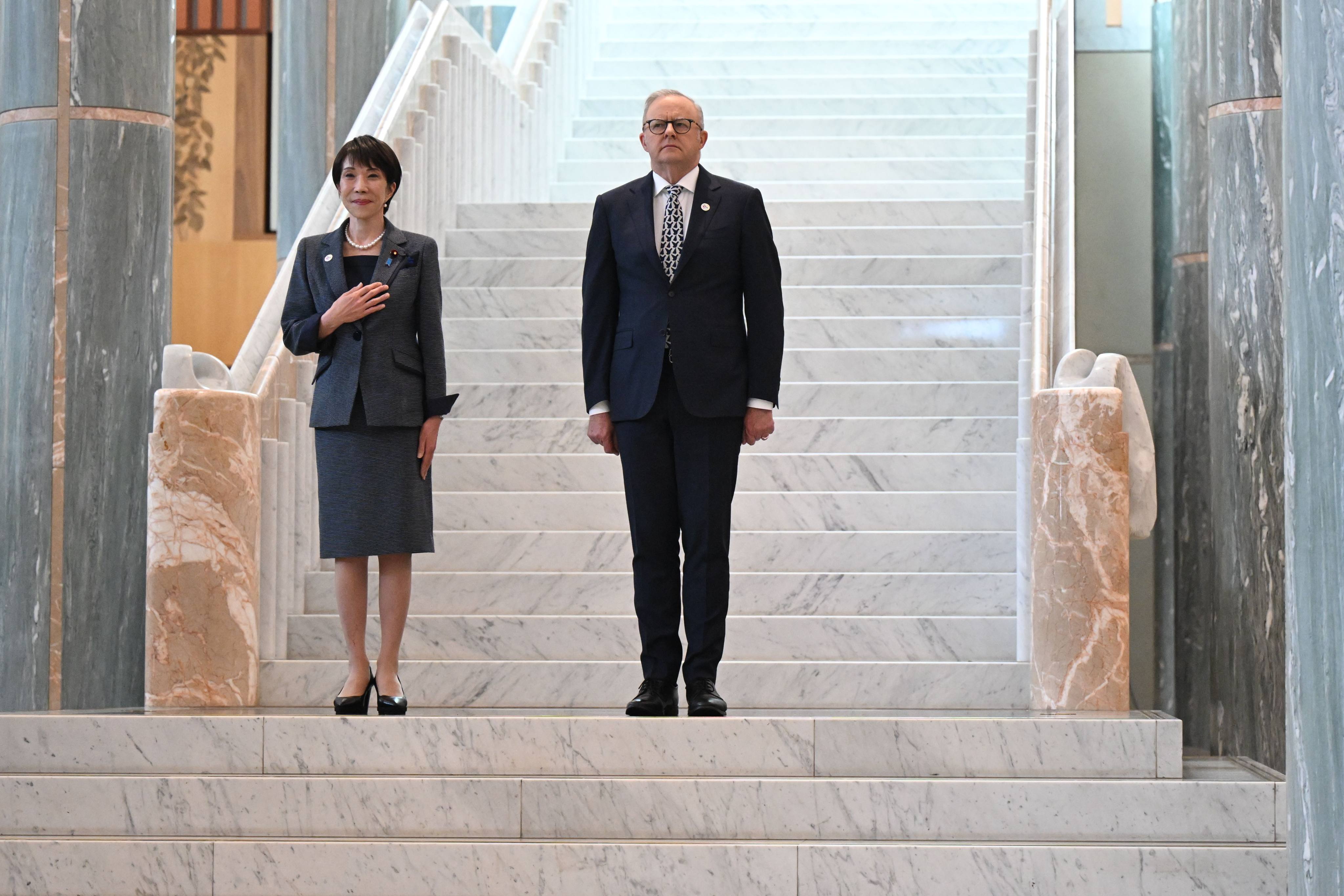 Anthony Albanese receives Sanae Takaichi at Parliament House in Canberra on Monday. Photo: AAP/dpa